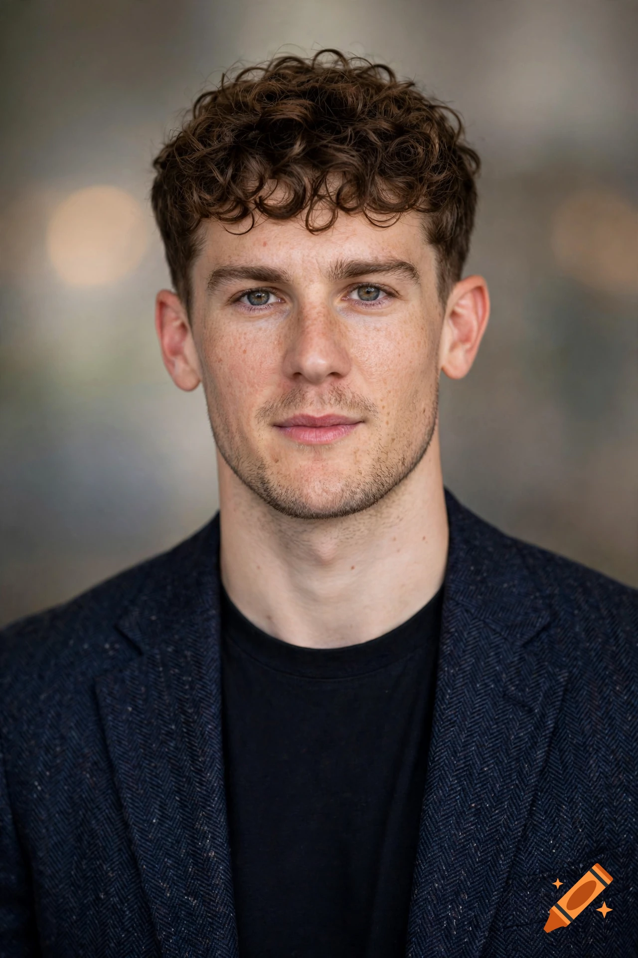 Close-up portrait of a young man with curly brown hair and stubble, wearing a dark blue textured blazer over a black t-shirt.