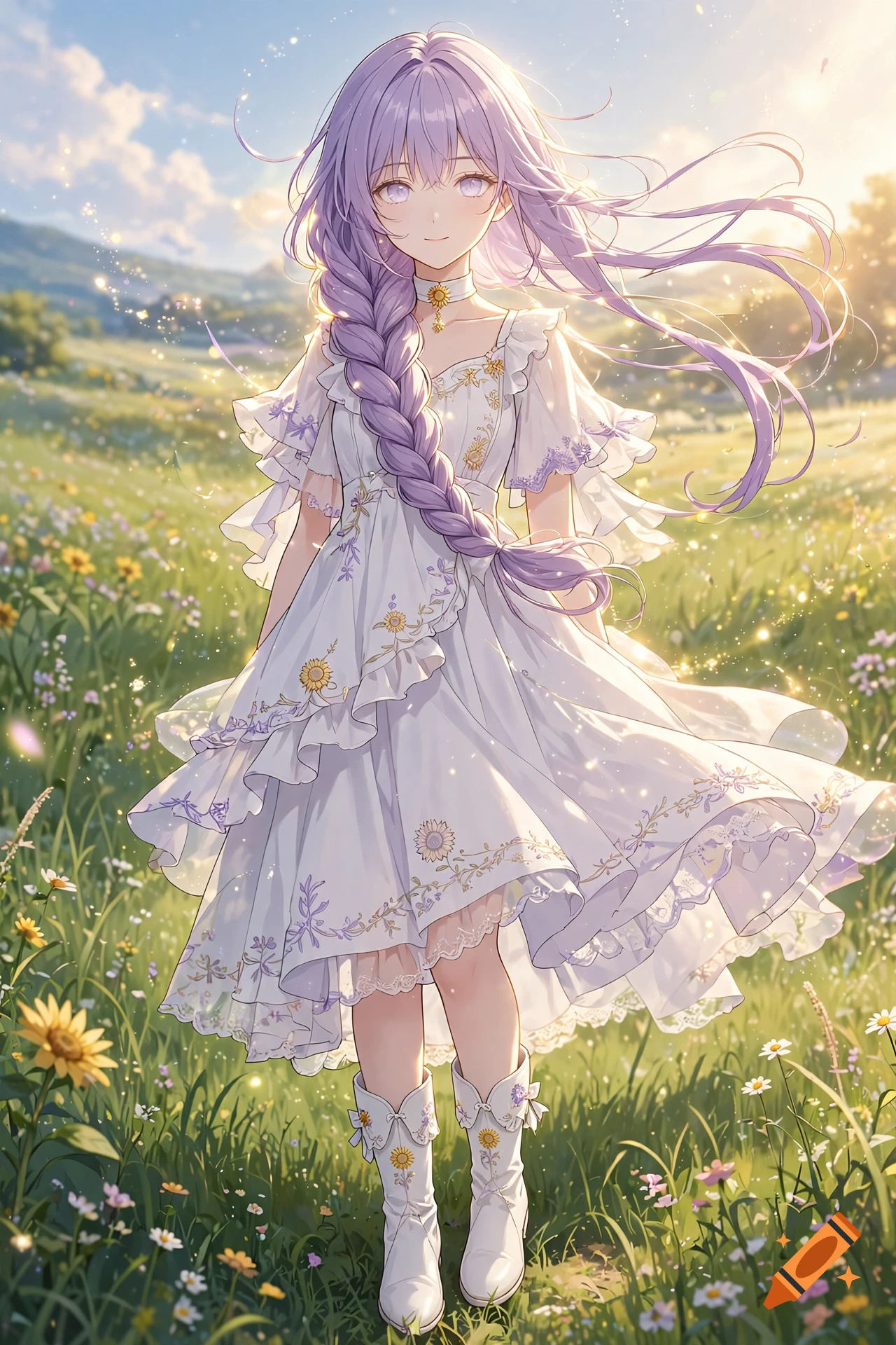 Anime girl with long lavender hair in a braid and pale purple eyes wearing a white dress and boots in a sunny field of flowers.