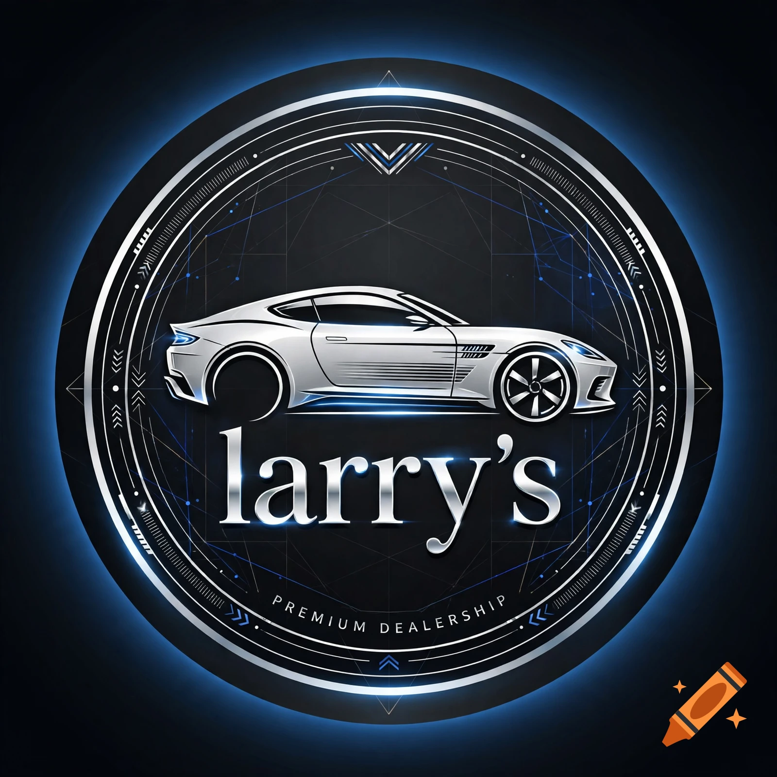 Circular neon blue and silver badge logo featuring a luxury sports car profile silhouette and the text larry's premium dealership.