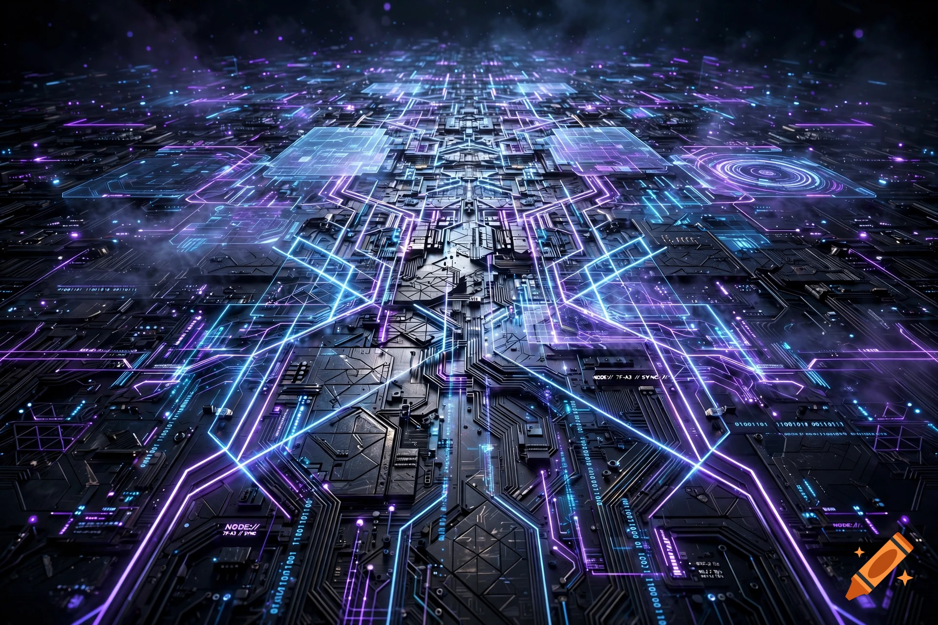 Futuristic digital background featuring a glowing circuit board pattern with neon blue and purple lines in synthwave style.