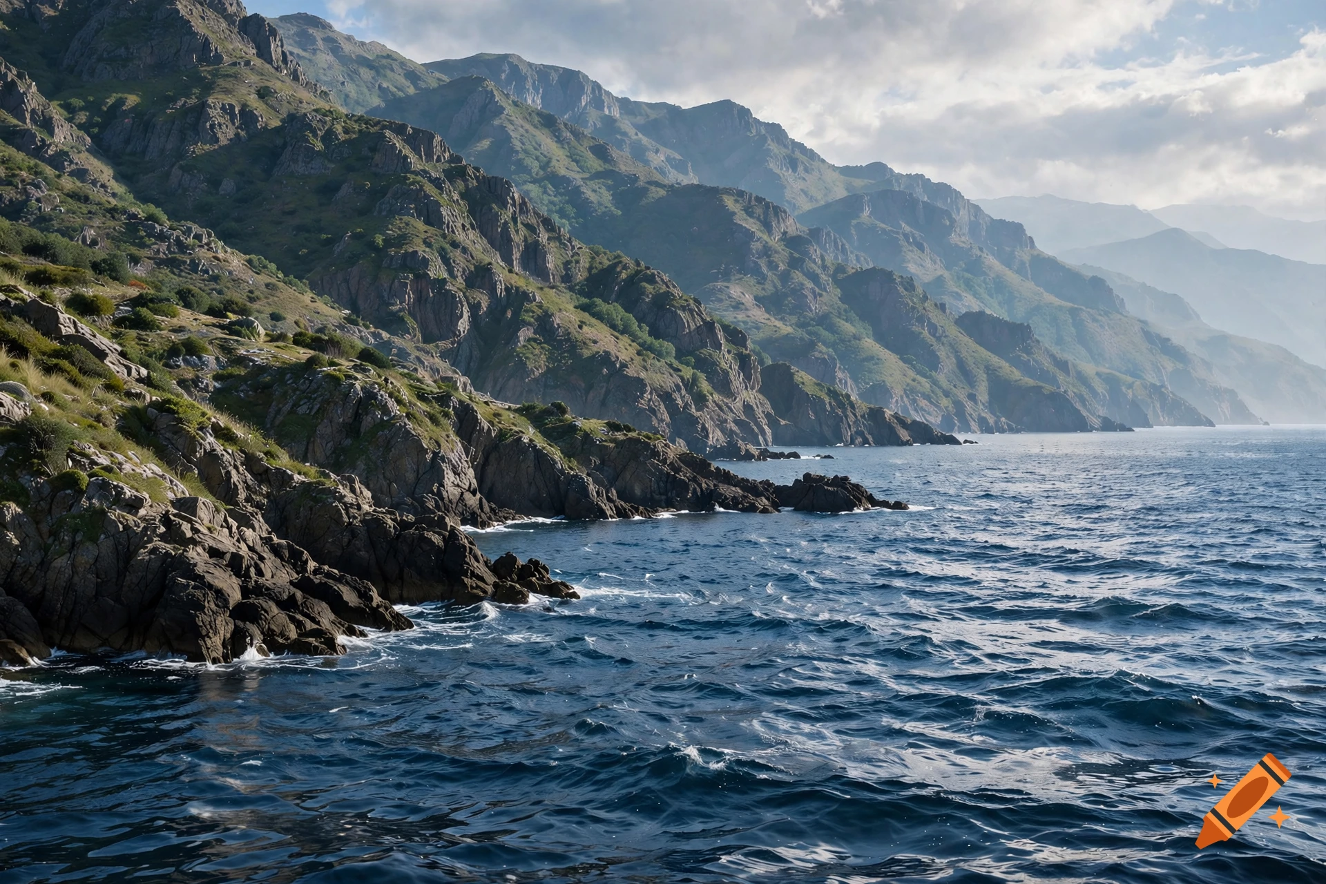 Photorealistic coastal landscape with rugged cliffs meeting deep blue sea under a cloudy sky.
