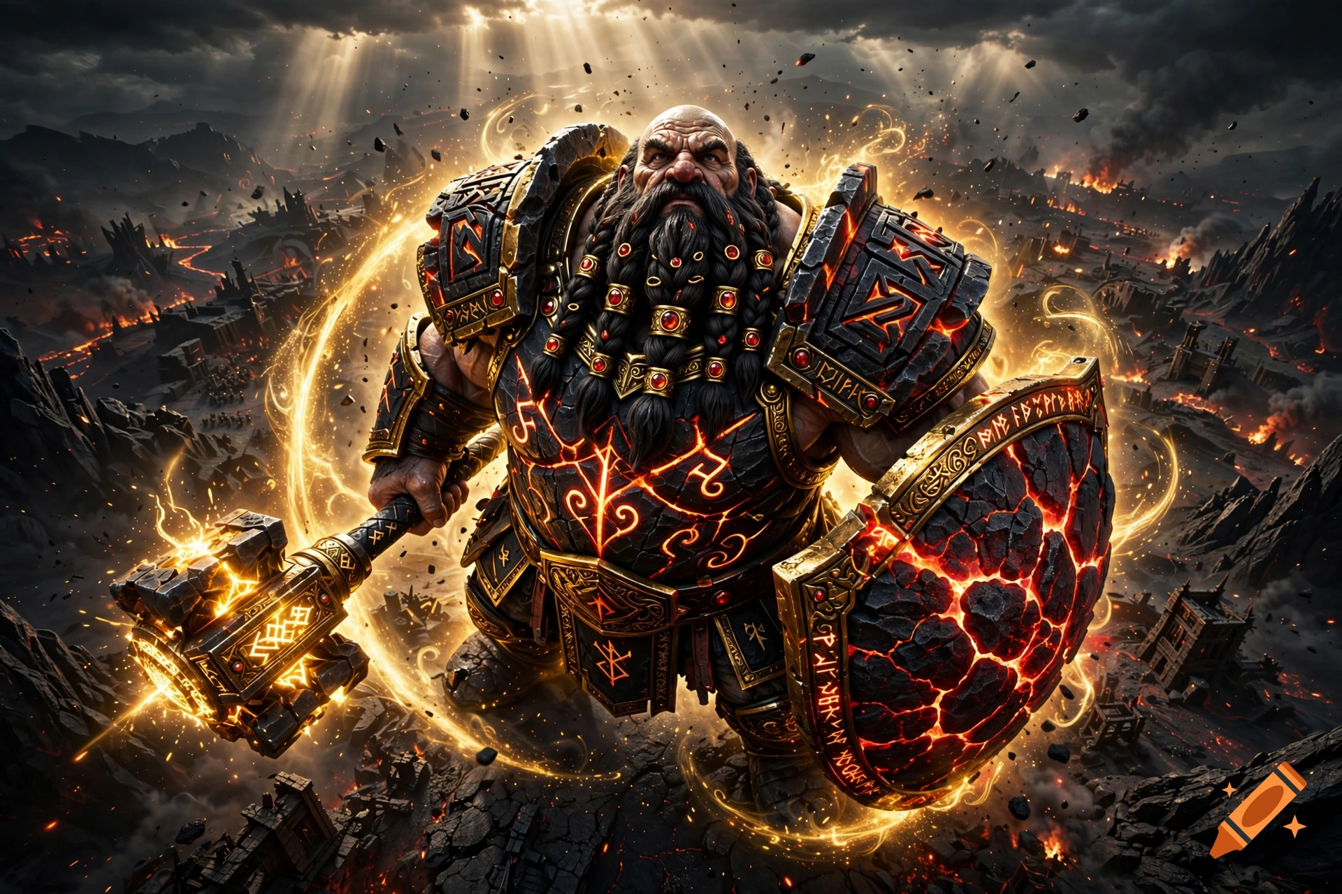 A colossal dwarf warrior in heavy lava armor holding a massive shield and glowing hammer in a dark fantasy setting, cinematic 3D render.