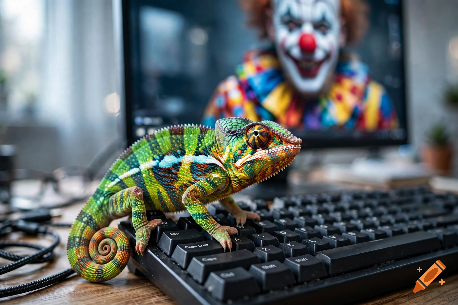 A colorful chameleon perched on a computer keyboard, with a clown image displayed on the monitor in the background.