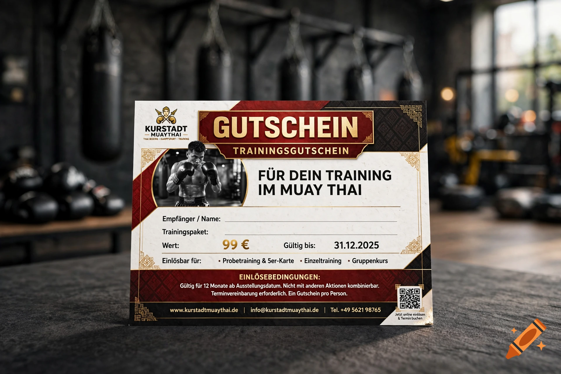 A professional Muay Thai training voucher card placed on a dark table inside a gym.