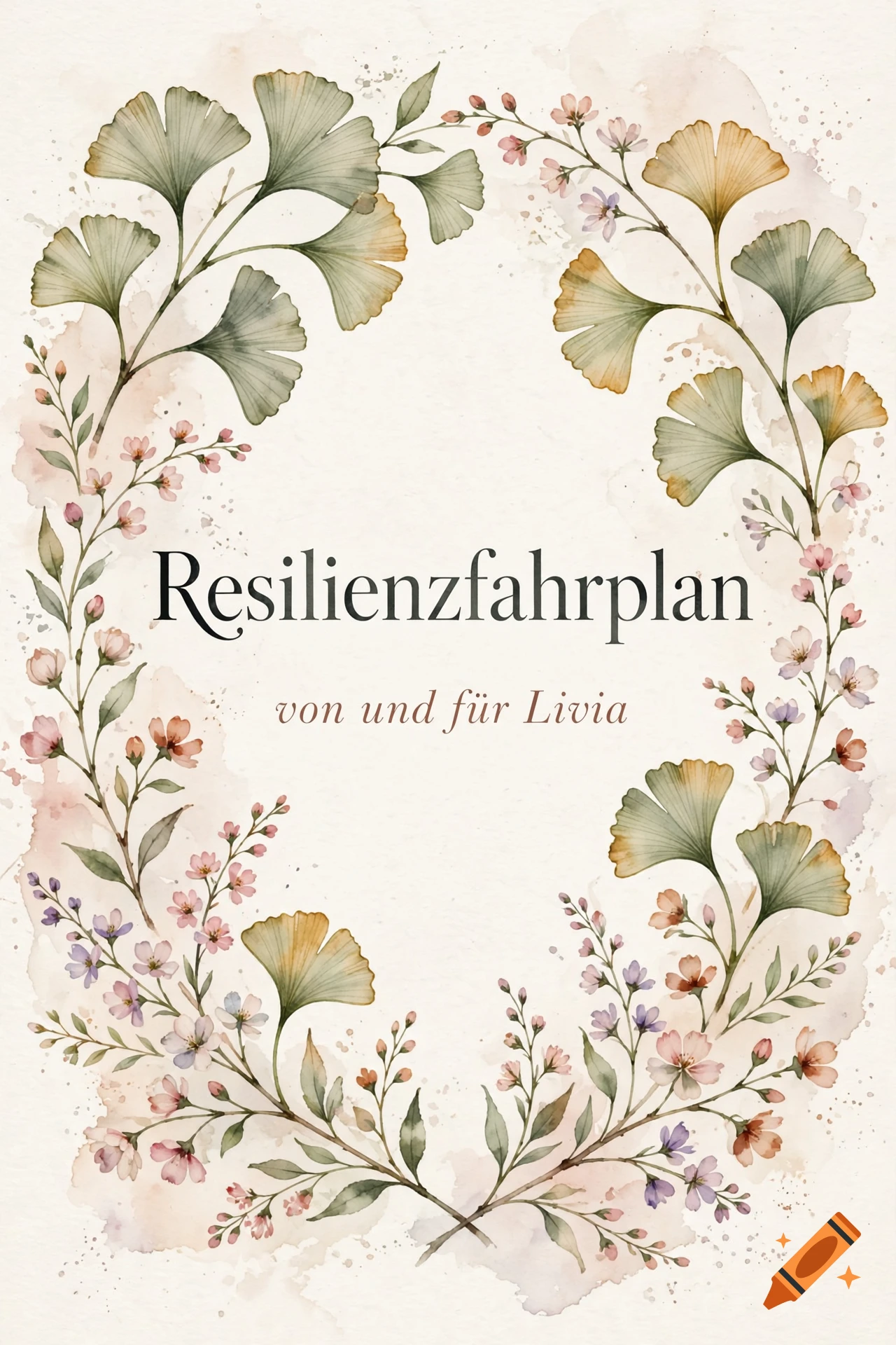 Watercolor book cover design featuring a botanical wreath of ginkgo leaves and pink flowers framing German text.