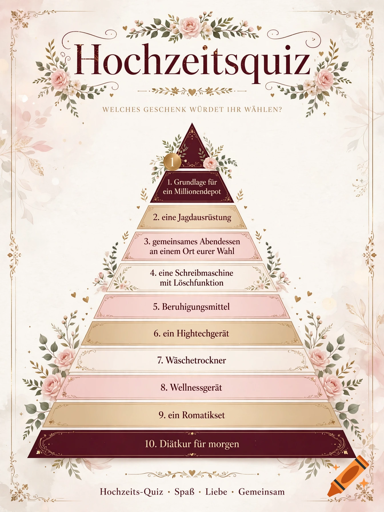 Decorative wedding quiz pyramid with German text items and floral watercolor illustrations.