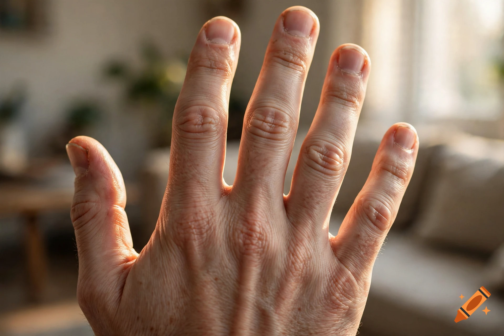 Close-up photorealistic shot of a human hand facing forward, backlit by warm indoor light.
