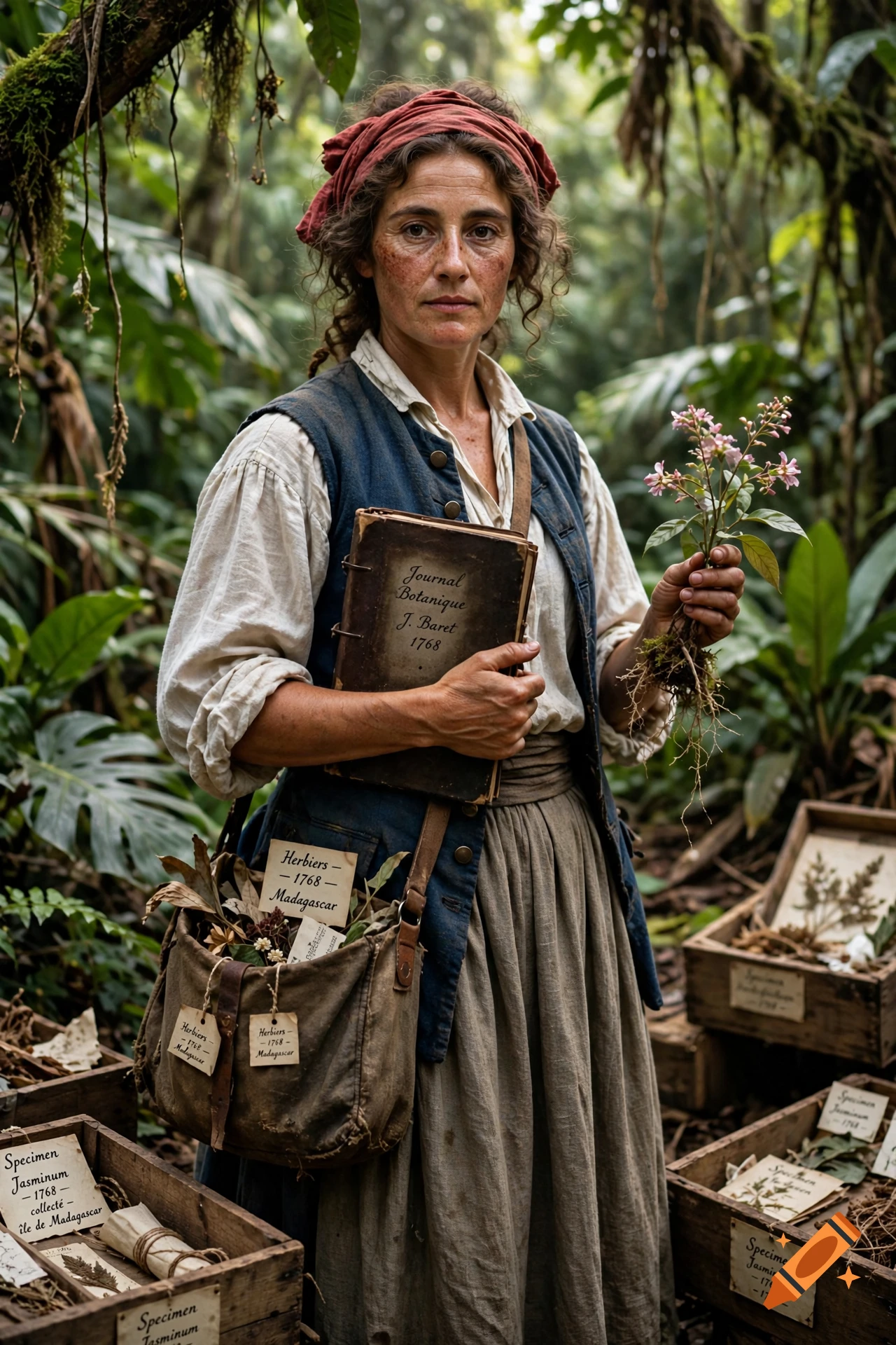 Photorealistic portrait of Jeanne Baret holding a botanical journal and plant samples in a lush jungle.