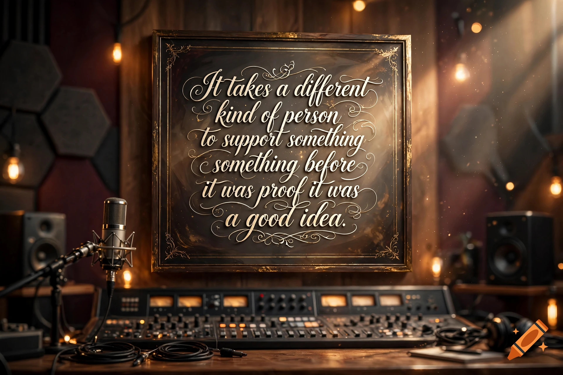 A framed inspirational quote on a wooden wall inside a recording studio with a mixing console in the foreground.