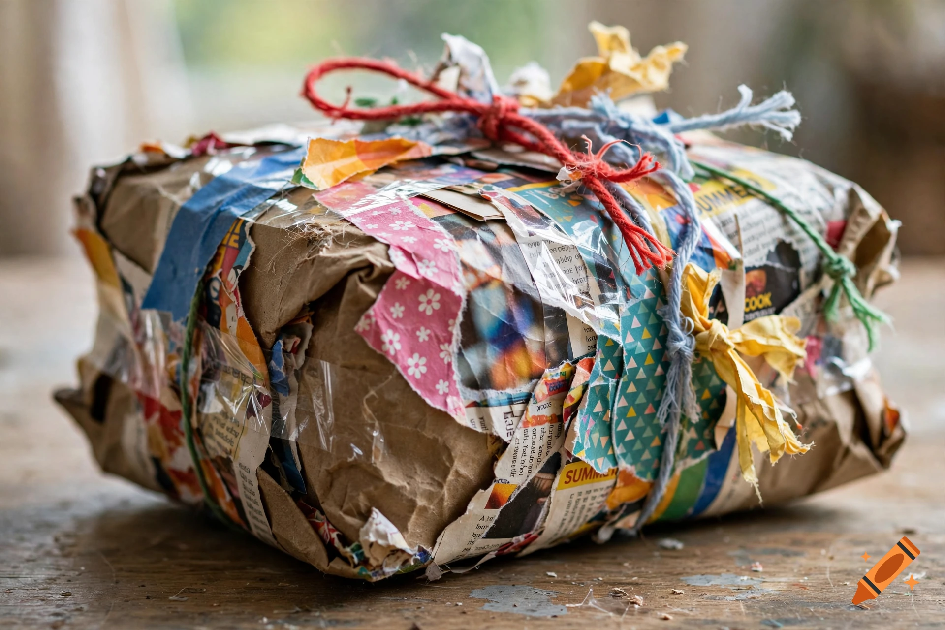 A clumsily wrapped gift box tied with colorful string and scraps of newspaper and patterned paper, on a wooden surface.