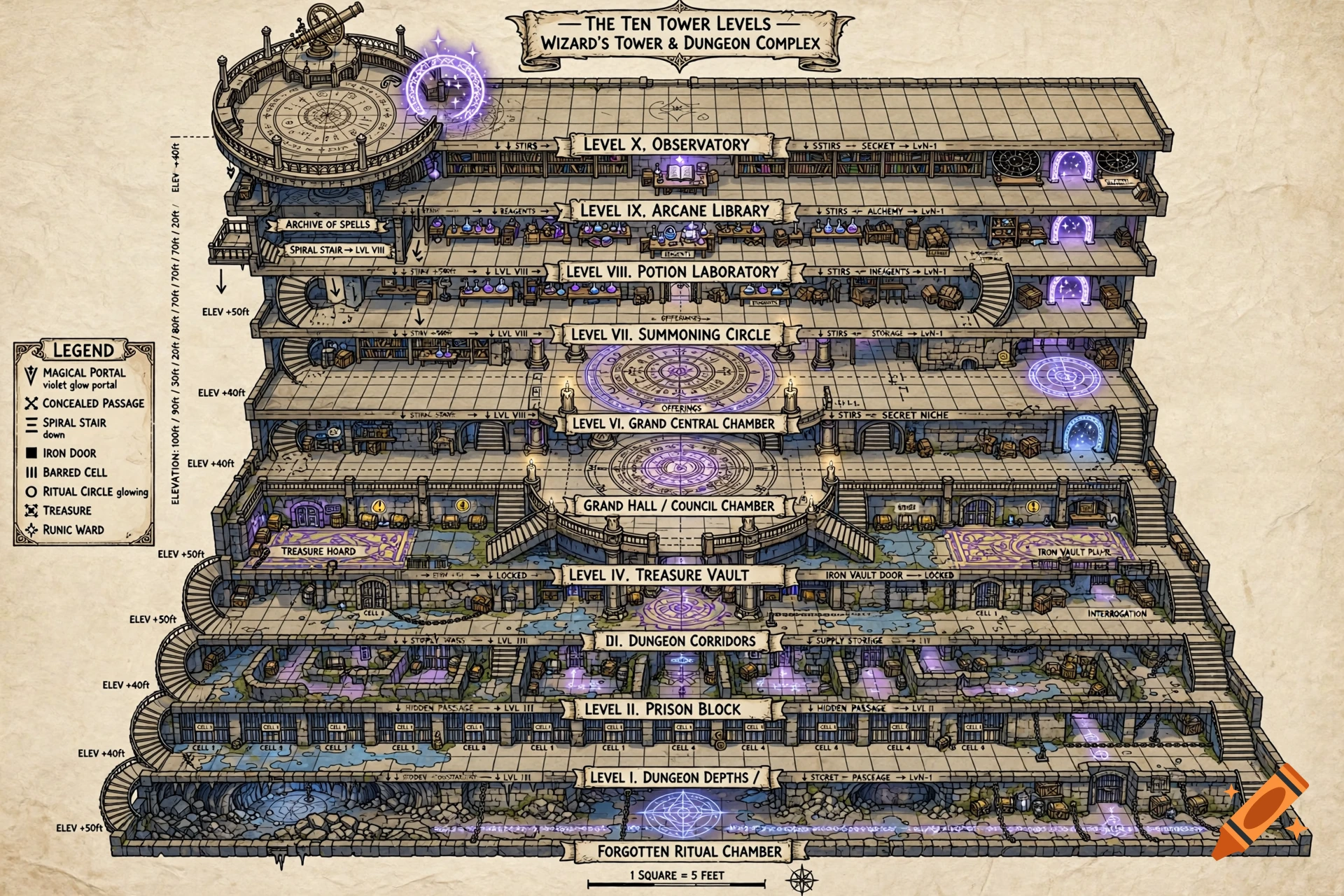 Detailed cutaway map of a ten-level wizard tower and dungeon complex, drawn in a fantasy cartography style.