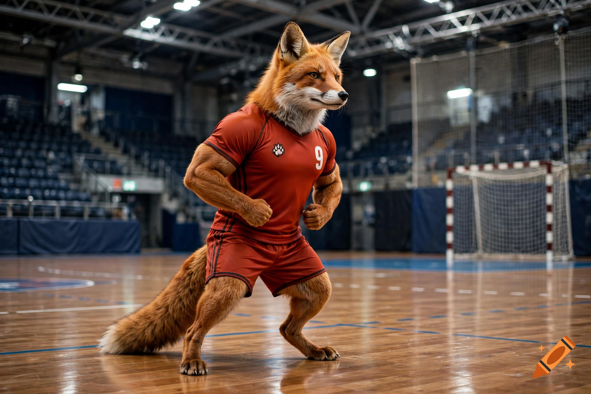 Photorealistic image of a muscular anthropomorphic fox in a red sports uniform inside a handball arena.