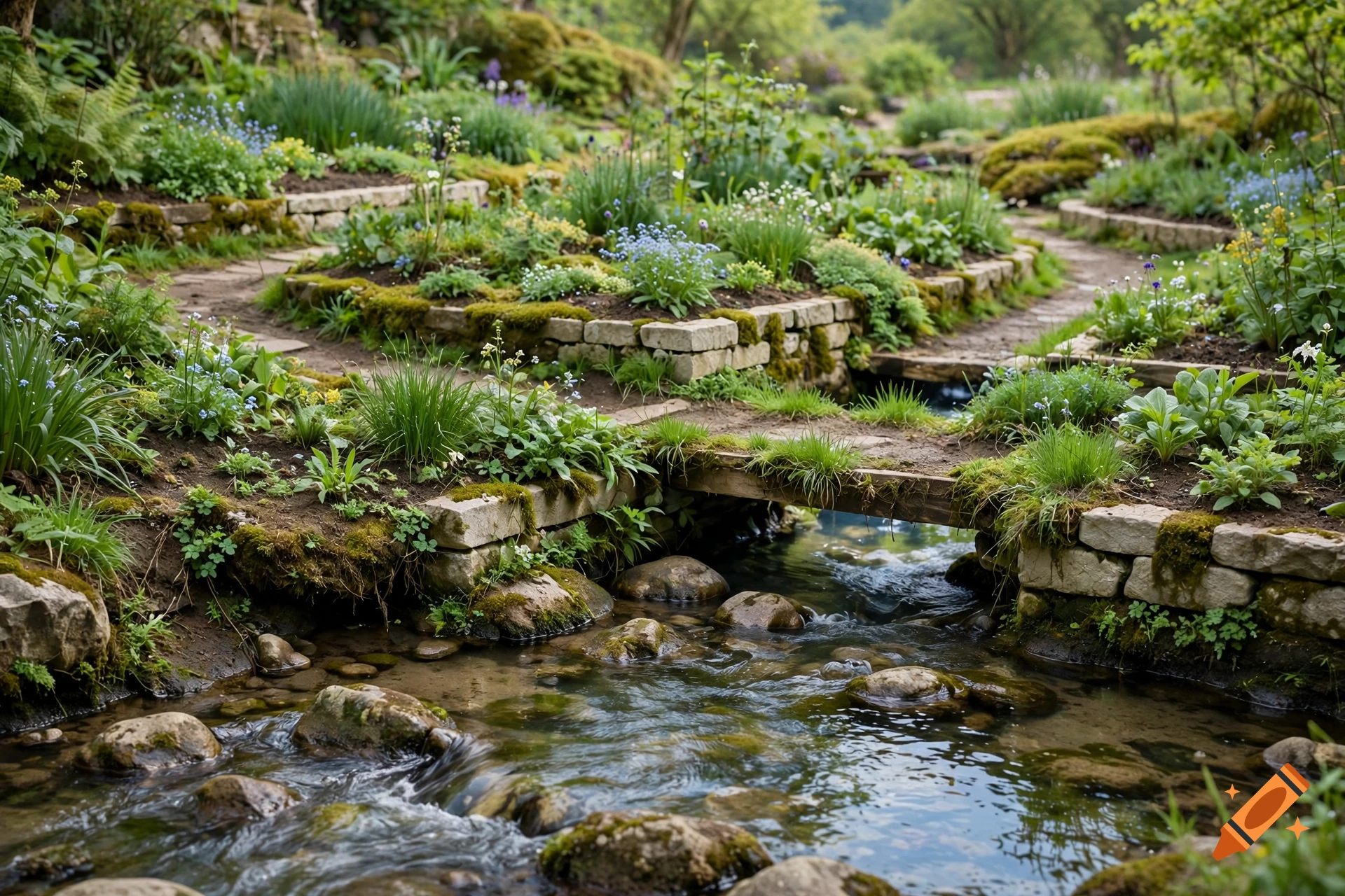A photorealistic garden with terraced stone walls, lush green plants, and a small stream flowing over rocks.
