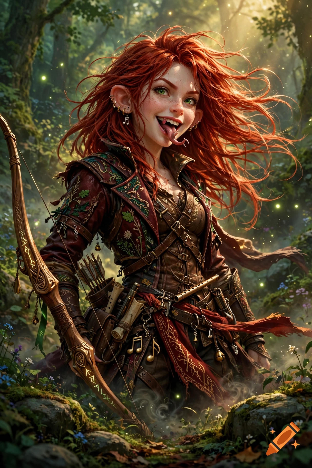 Detailed digital illustration of a smiling female elf bard with vibrant red hair, holding a bow in a magical forest.