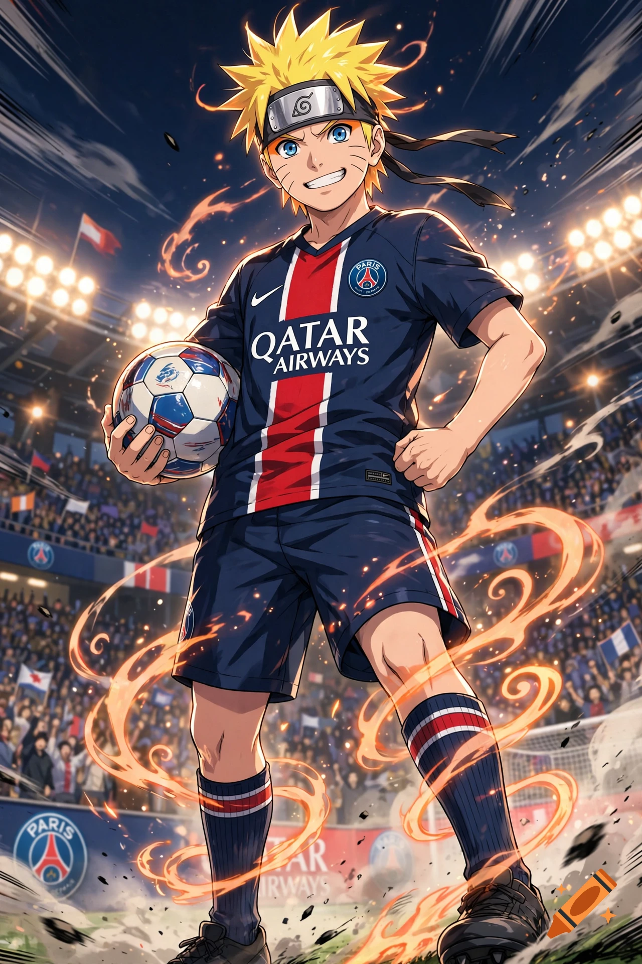 Anime style illustration of Naruto in a Paris Saint-Germain soccer uniform holding a ball in a crowded stadium.