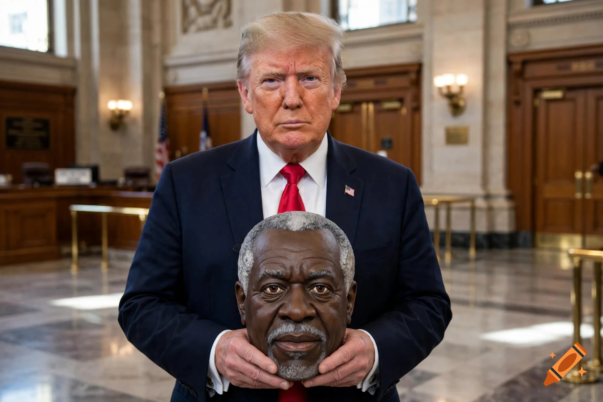 Photorealistic image of Donald Trump holding a mask that looks like Clarence Thomas inside a court building.