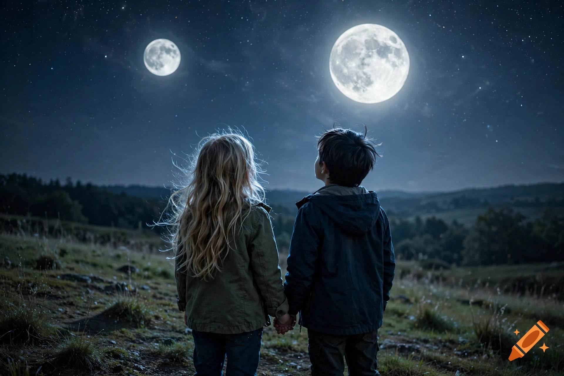 Two children holding hands on a hill, looking up at two full moons in a starry night sky, photorealistic style.