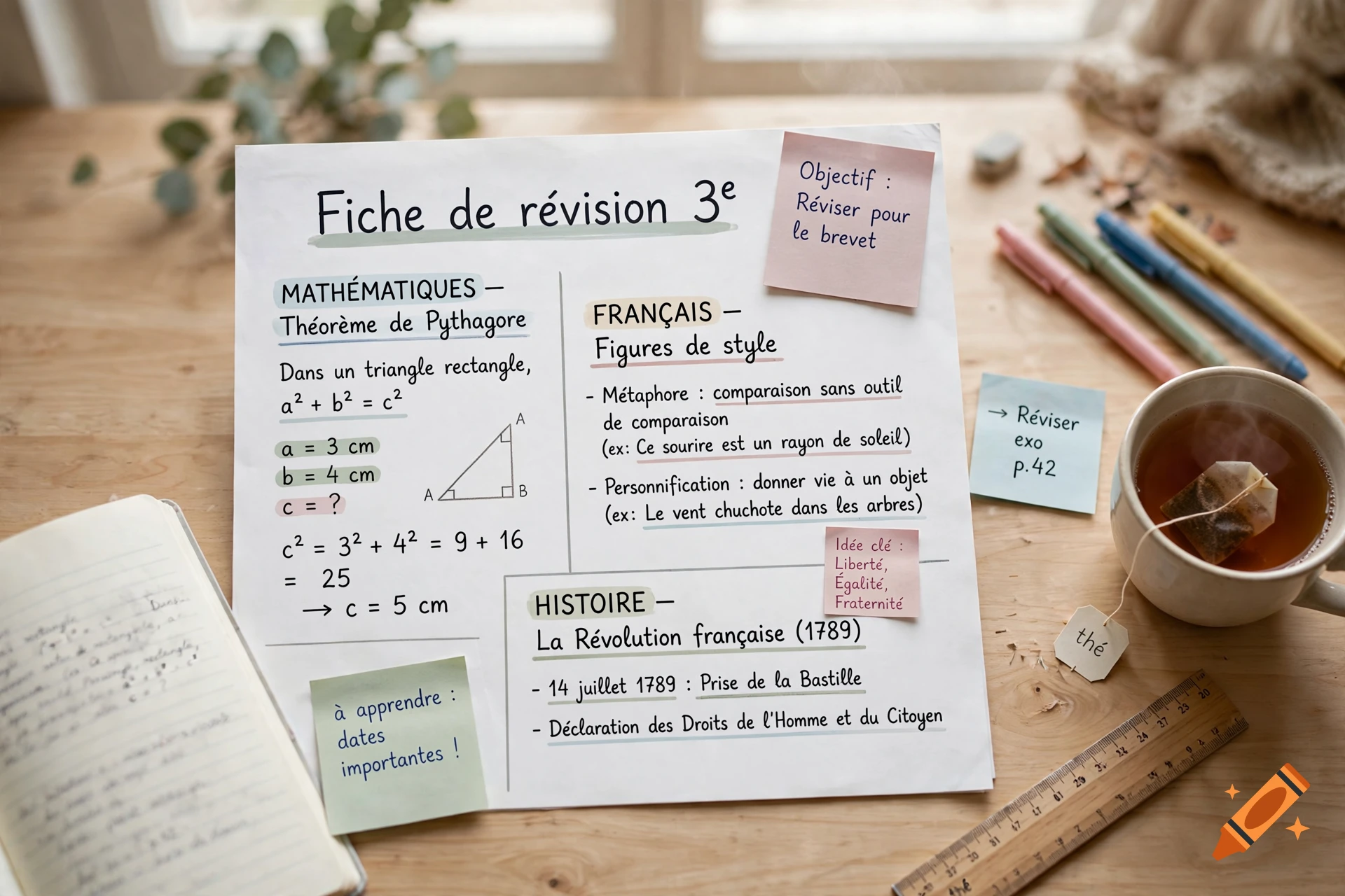 Aesthetic study notes on French middle school curriculum surrounded by pens, a ruler, and a cup of tea on a wooden table.