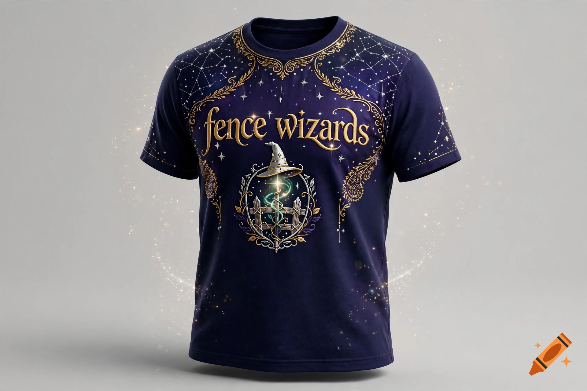 A navy blue t-shirt featuring gold celestial patterns and the text fence wizards with a magic wand and hat graphic.