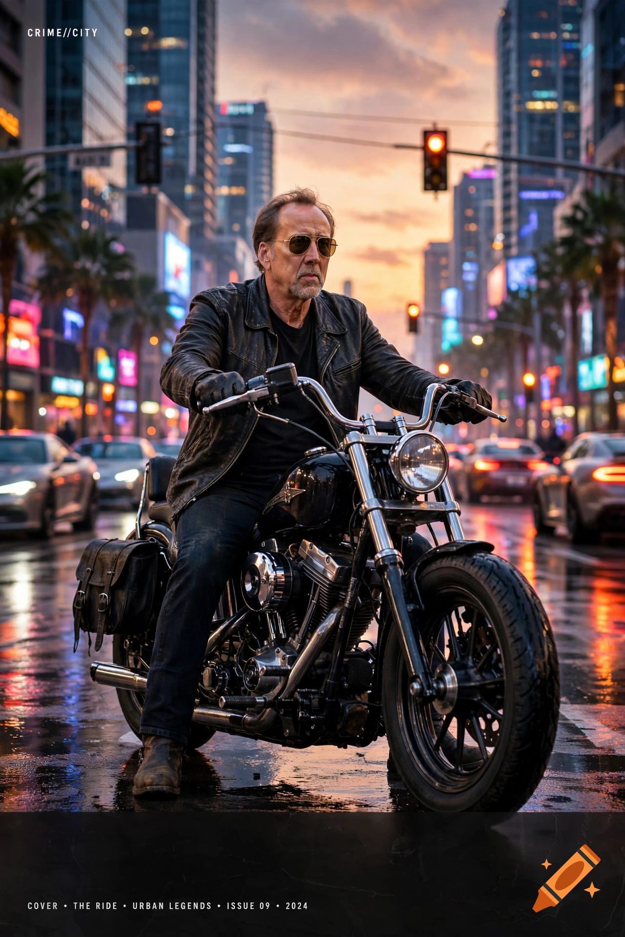 Photorealistic image of a man resembling Nicolas Cage riding a chopper motorcycle on a wet city street at dusk.
