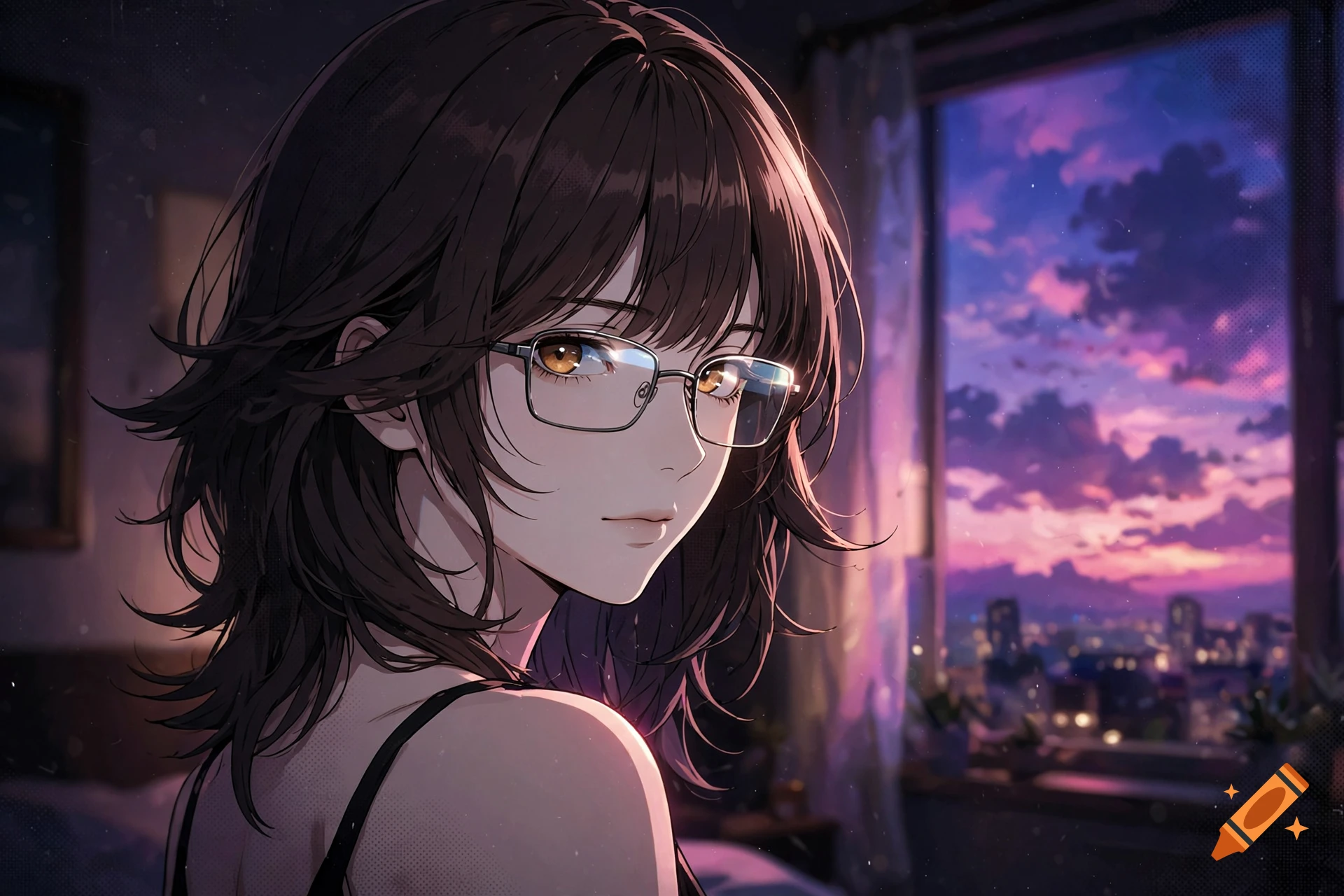 Close-up anime illustration of a woman with dark hair and glasses looking over her shoulder by a window at twilight.