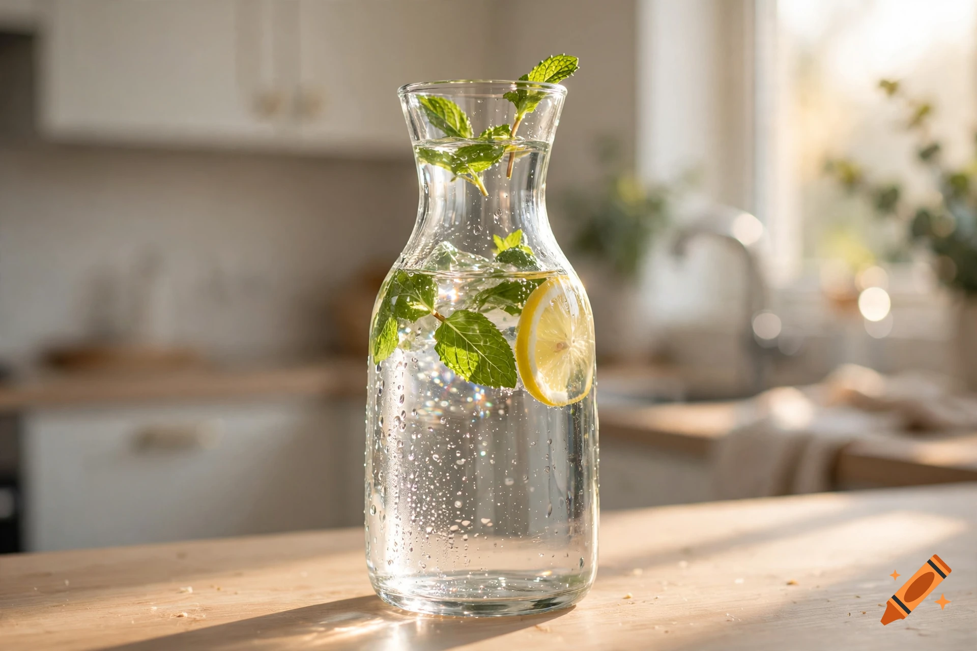 Photorealistic glass carafe filled with fresh water, mint leaves, and a lemon slice, sitting on a wooden kitchen counter in morning sunlight.
