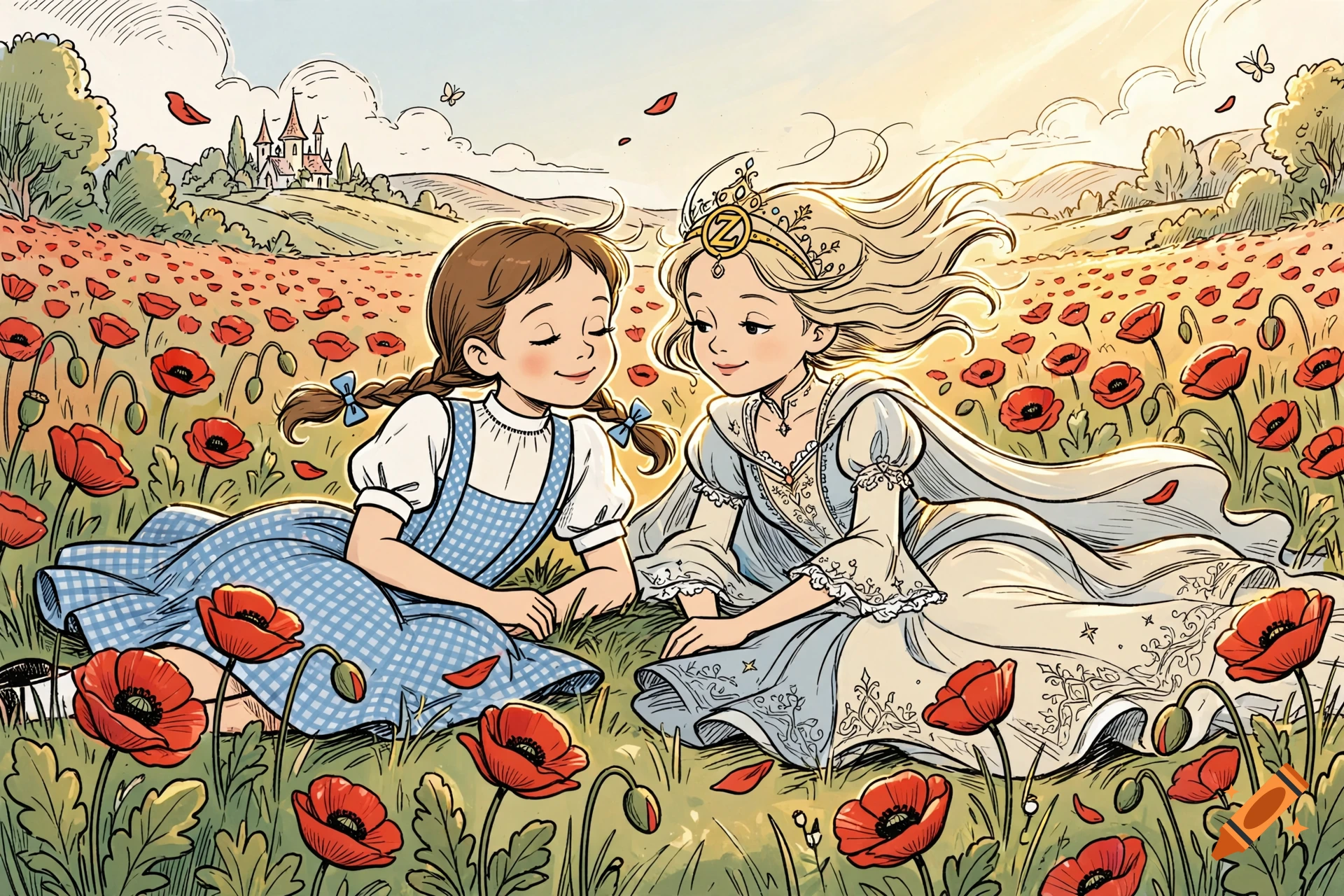 Cartoony lineart of Ozma and Dorothy lying side by side in a field of red poppies.