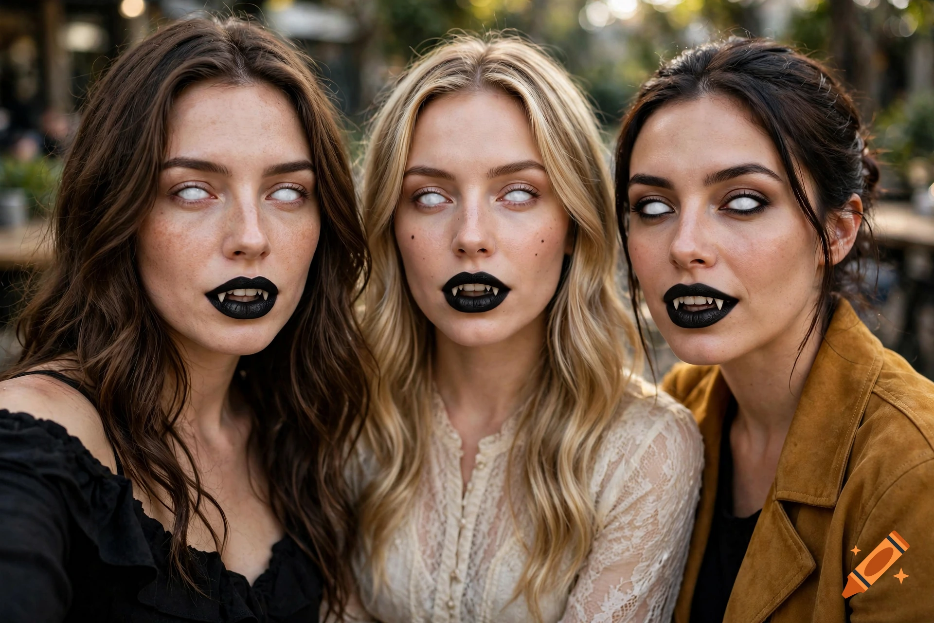 Photorealistic close-up of three young women with white blank eyes, black lipstick, and subtle vampire fangs.