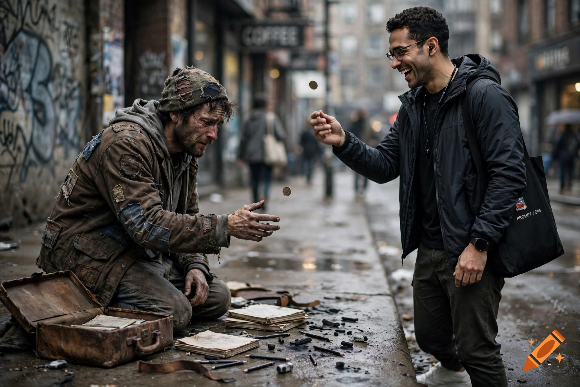 Photorealistic scene of a smiling man in a black jacket tossing a coin to a crying homeless artist sitting on a city sidewalk.
