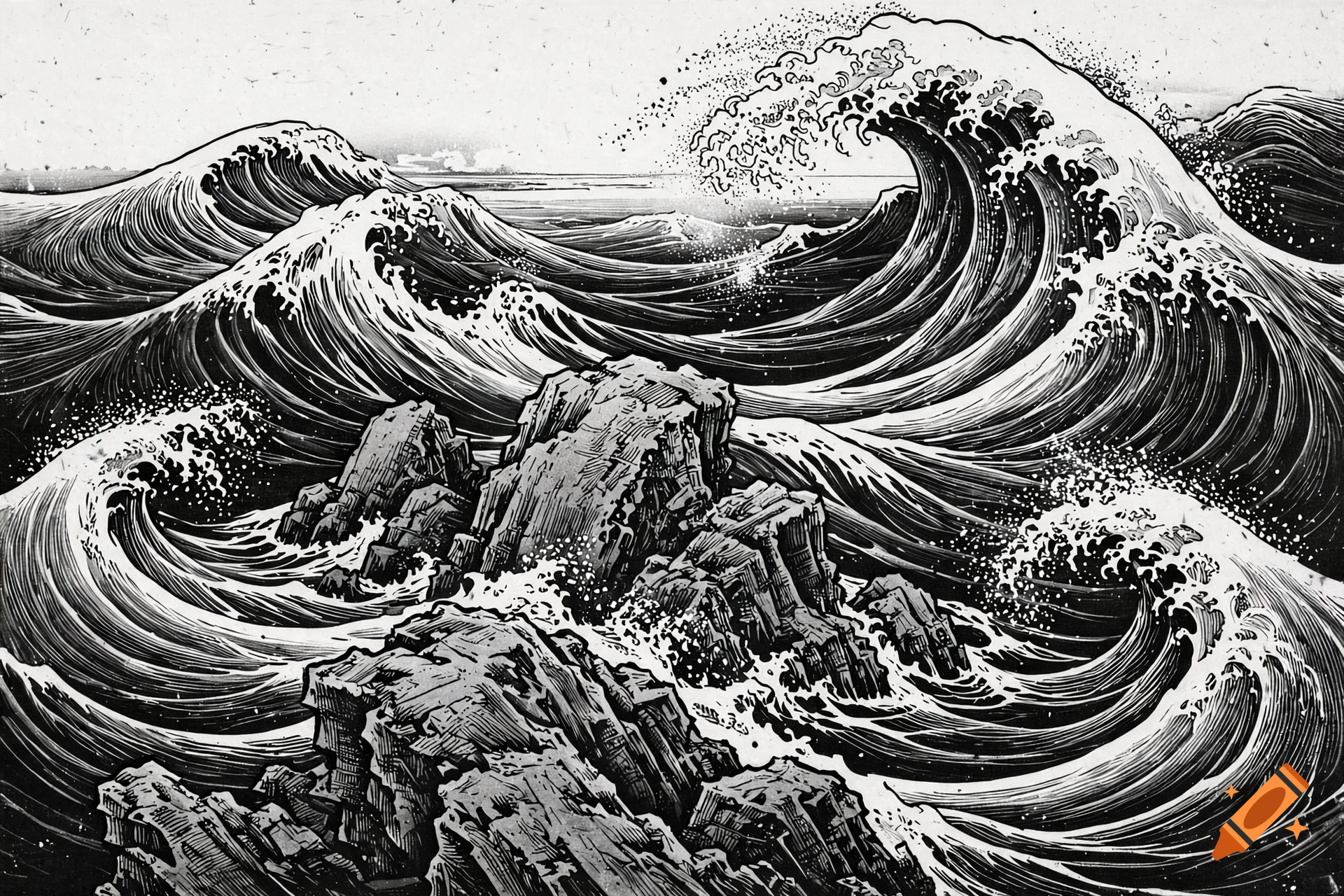 Monochrome woodblock print style image of turbulent ocean waves crashing against jagged rocks.