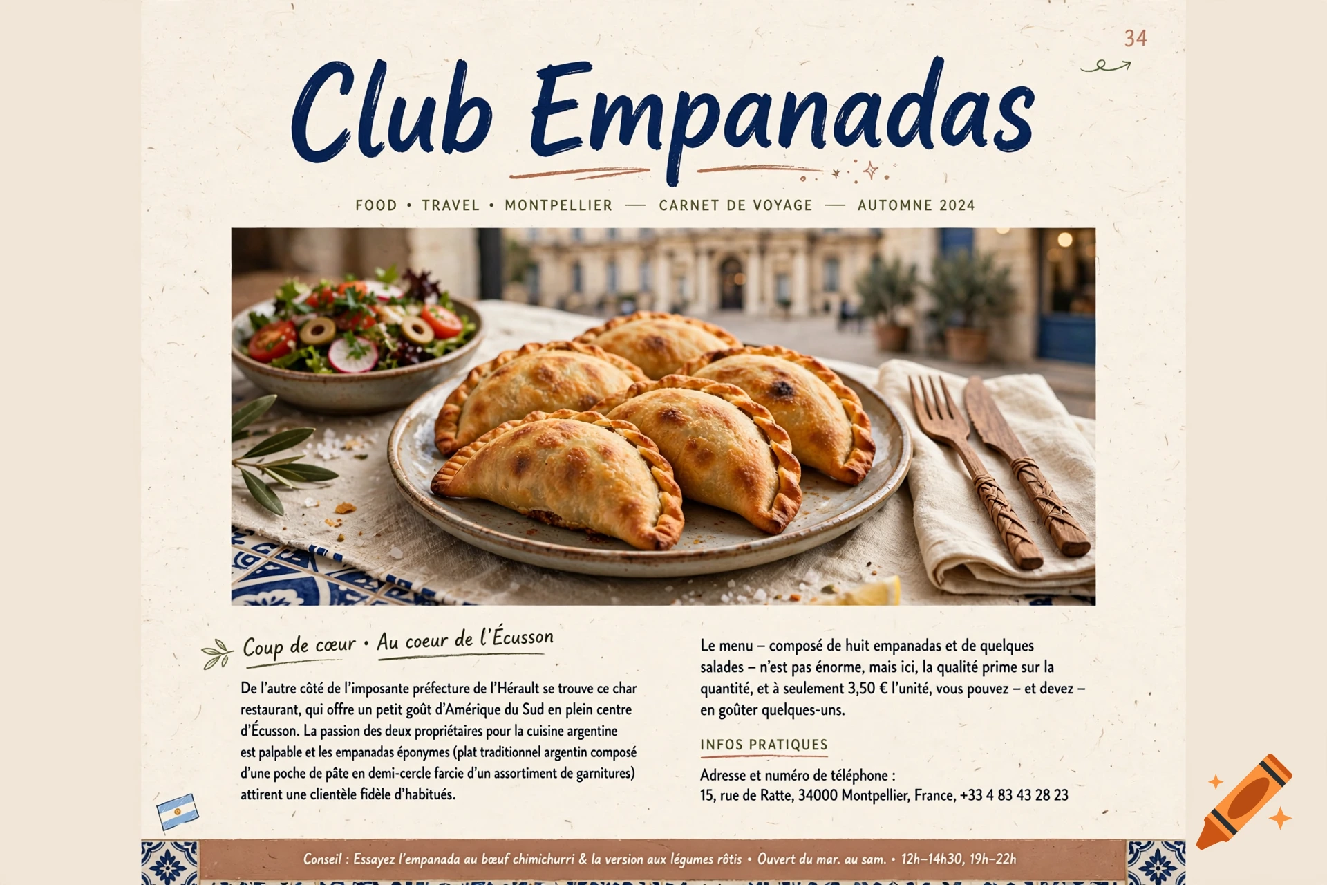 Magazine article page featuring empanadas, a salad, and descriptive French text about Club Empanadas.