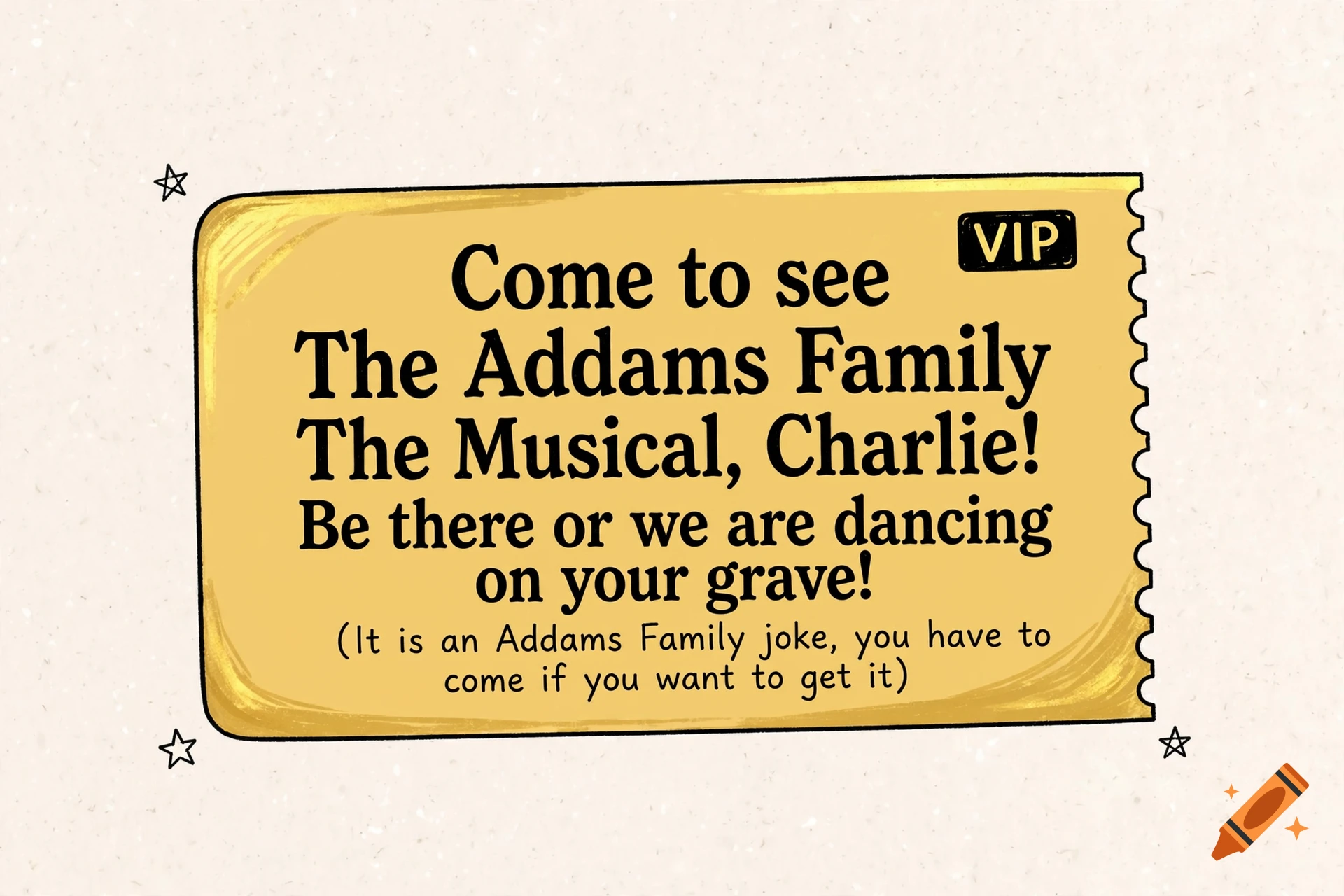 A golden VIP ticket illustration with black text referencing The Addams Family Musical.