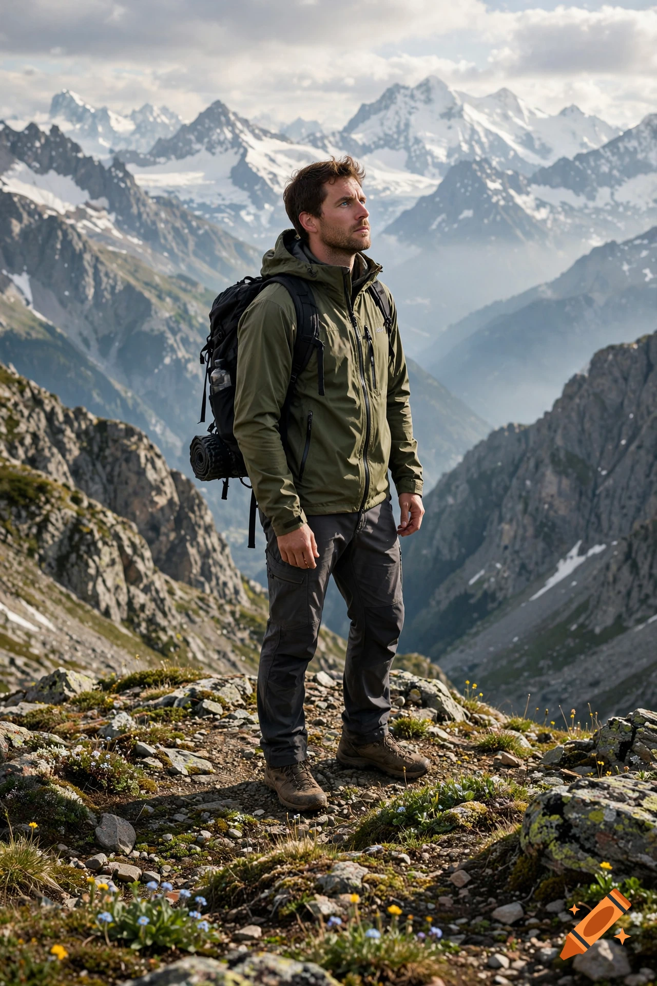 Photorealistic image of a man hiking with a backpack standing on a rocky mountain ridge, looking at distant snow-capped peaks.
