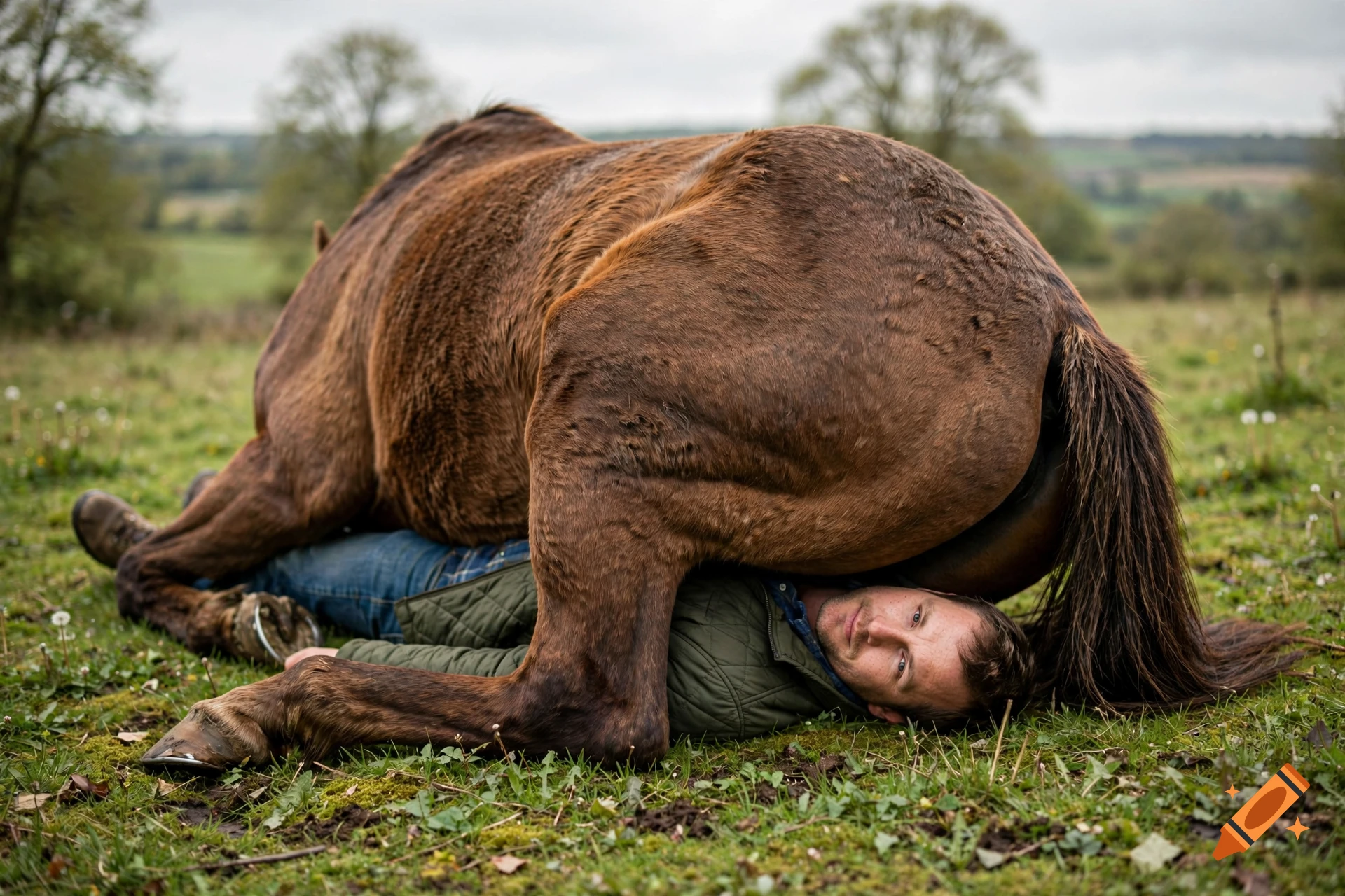 Photorealistic image of a man lying on the grass with a brown horse resting its hindquarters on his head.