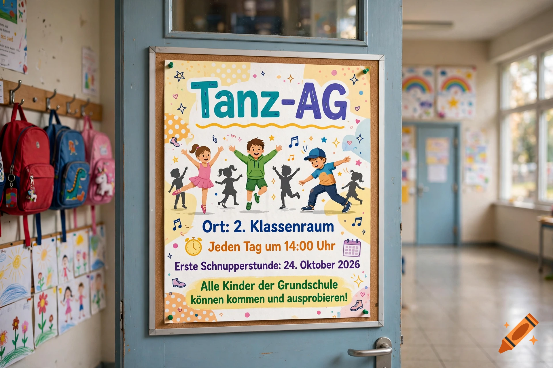 A colorful flyer on a school door advertising a dance club for children with cartoon illustrations.