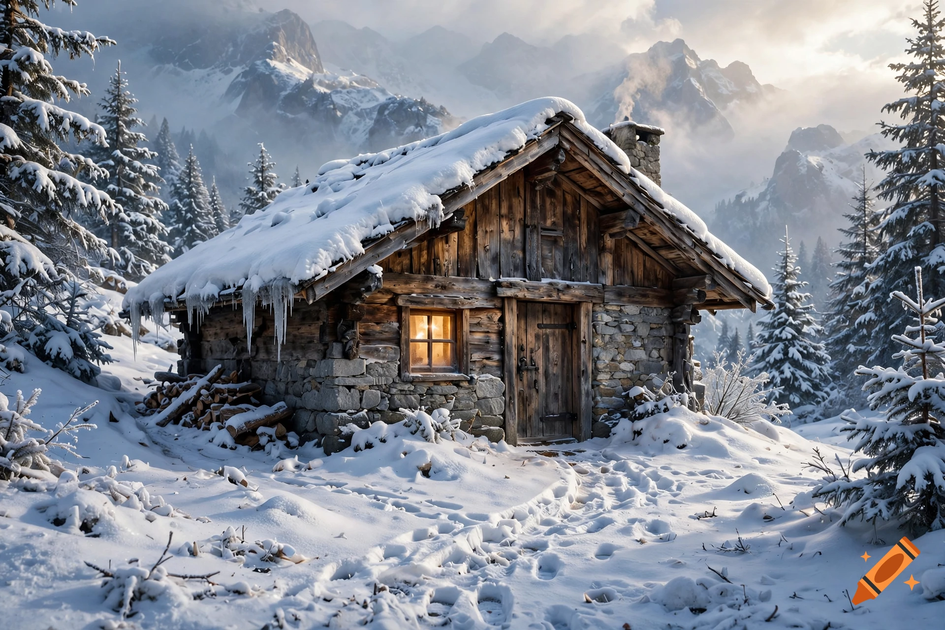 Photorealistic wooden cabin covered in snow nestled in a snowy mountain valley with pine trees.