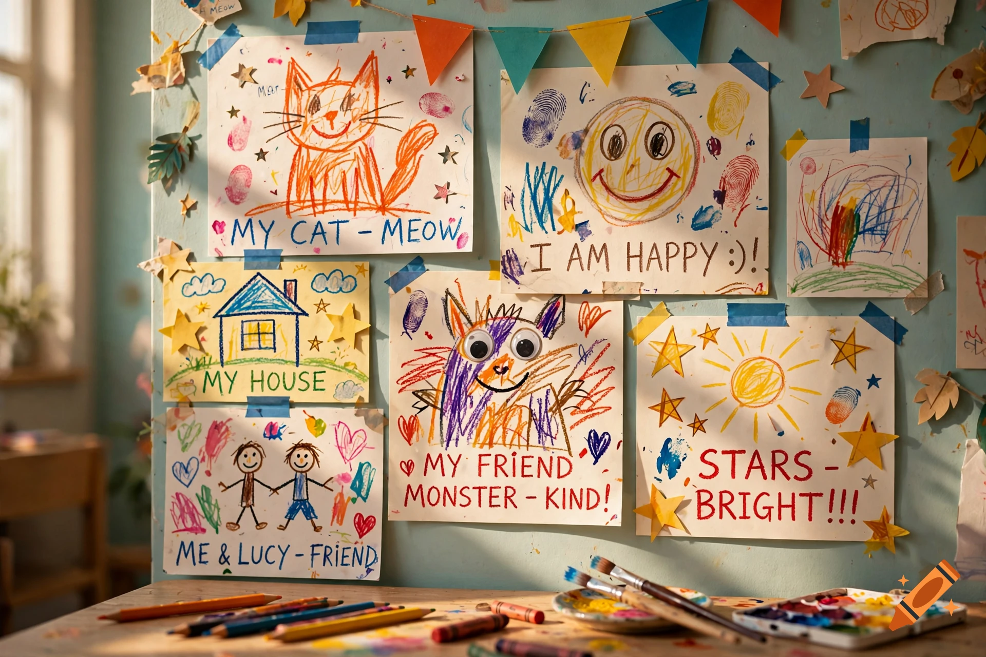 Children's crayon and paint drawings taped to a blue wall with art supplies on a desk below.