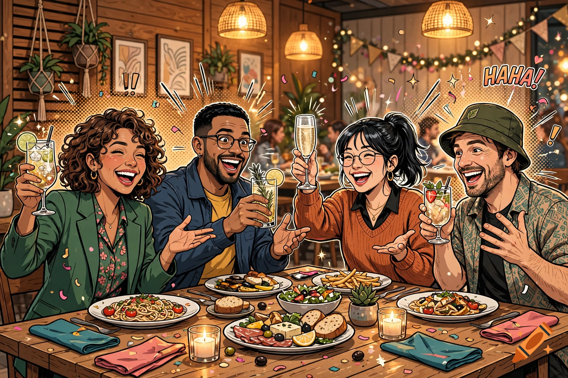 Comic style illustration of two women and two men sitting at a restaurant table, eating, drinking, and celebrating.