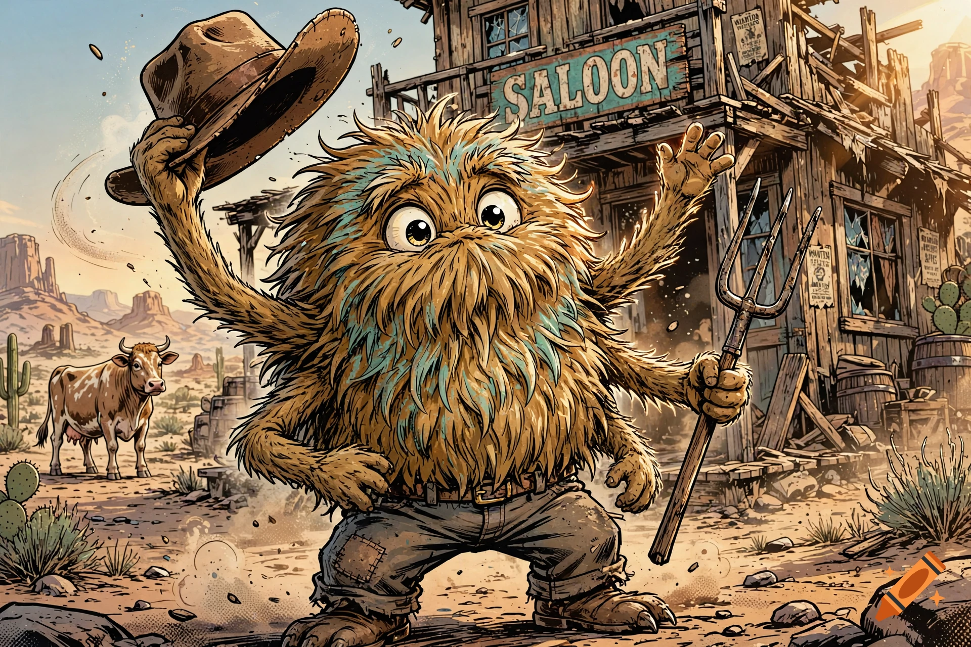 Comic-style illustration of a furry, multi-armed creature wearing pants, raising a cowboy hat in front of a ruined saloon.