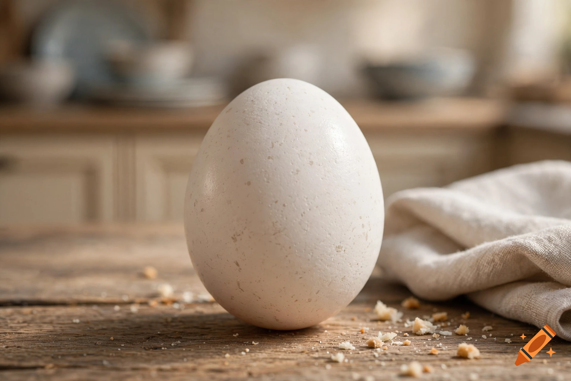 A close-up photorealistic shot of a single white egg standing upright on a rustic wooden table with breadcrumbs and a linen cloth in a kitchen.