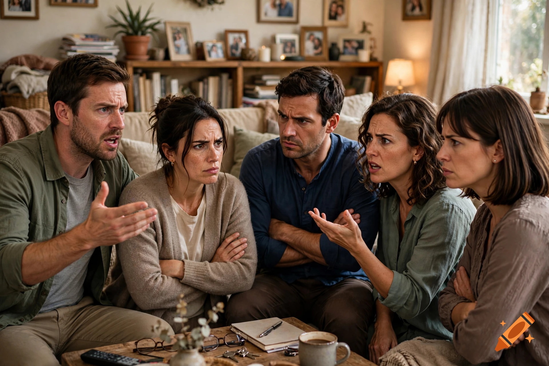 Photorealistic scene of five siblings arguing in a living room, sitting on a sofa and around a coffee table.