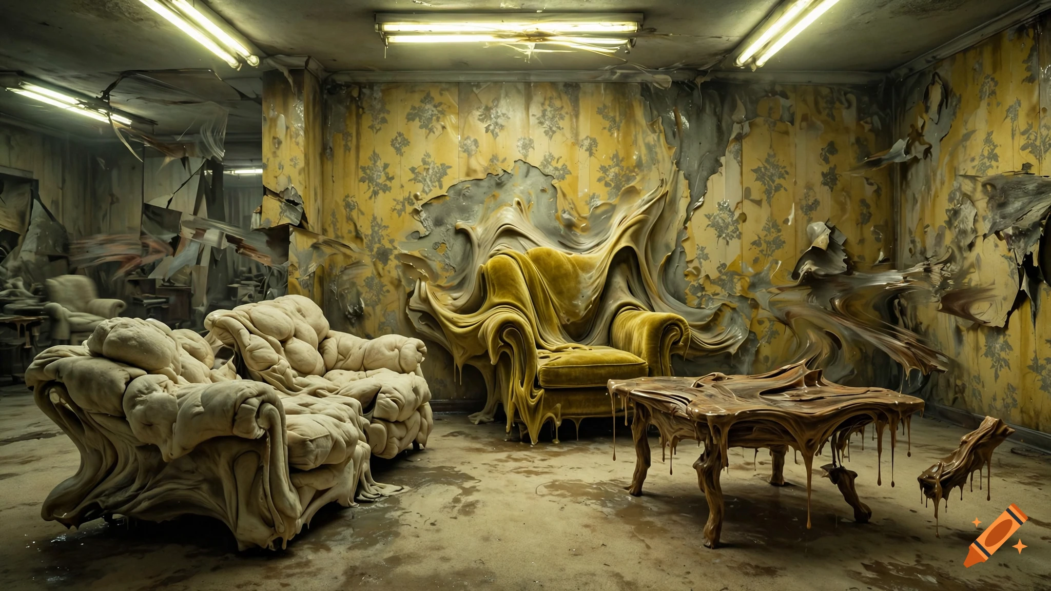 Surreal liminal space with melting furniture fusing into damp yellow wallpaper, inspired by analog horror aesthetics.
