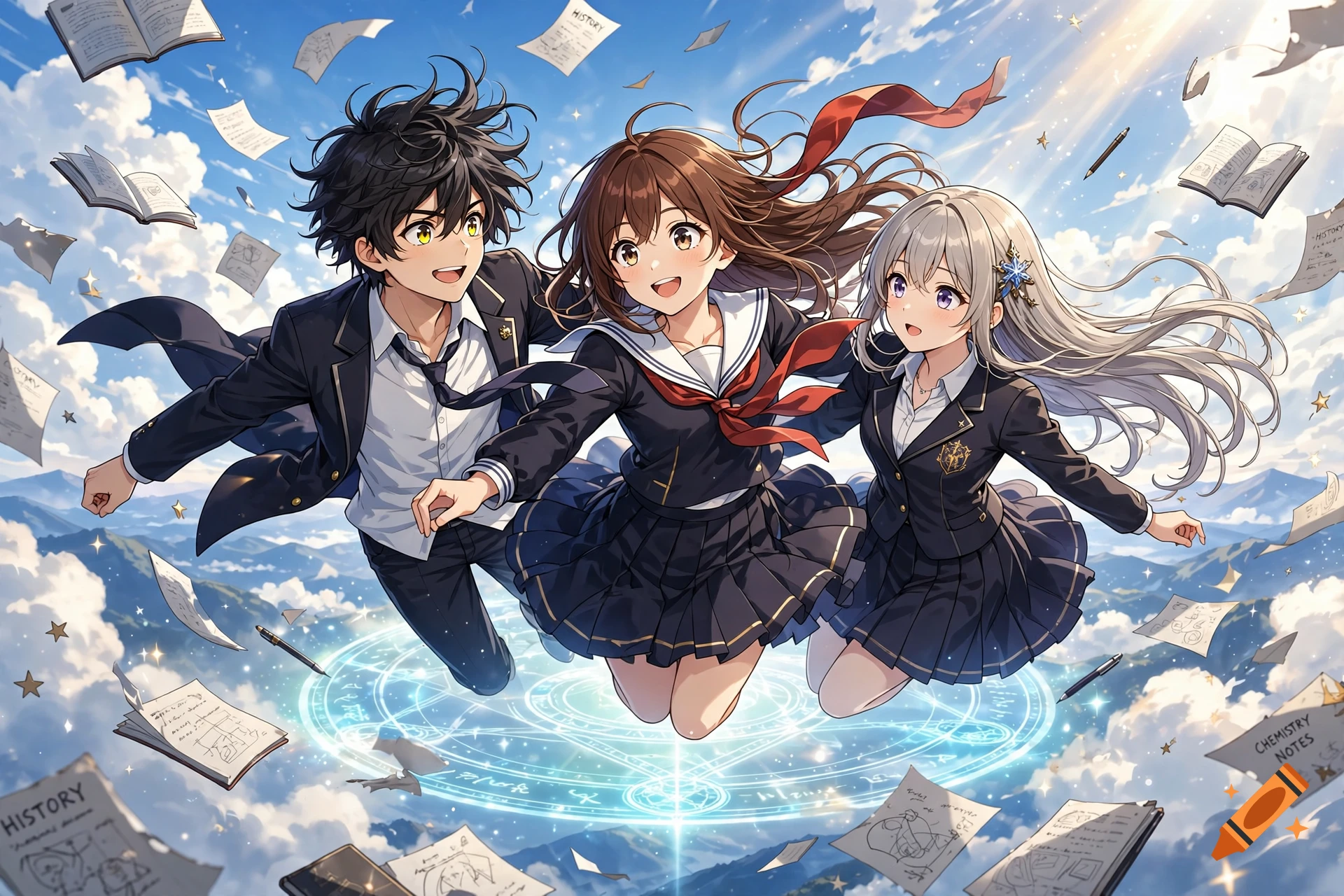 Anime illustration of a boy and two girls floating in the air above a magic circle, surrounded by flying books and notes against a sky background.