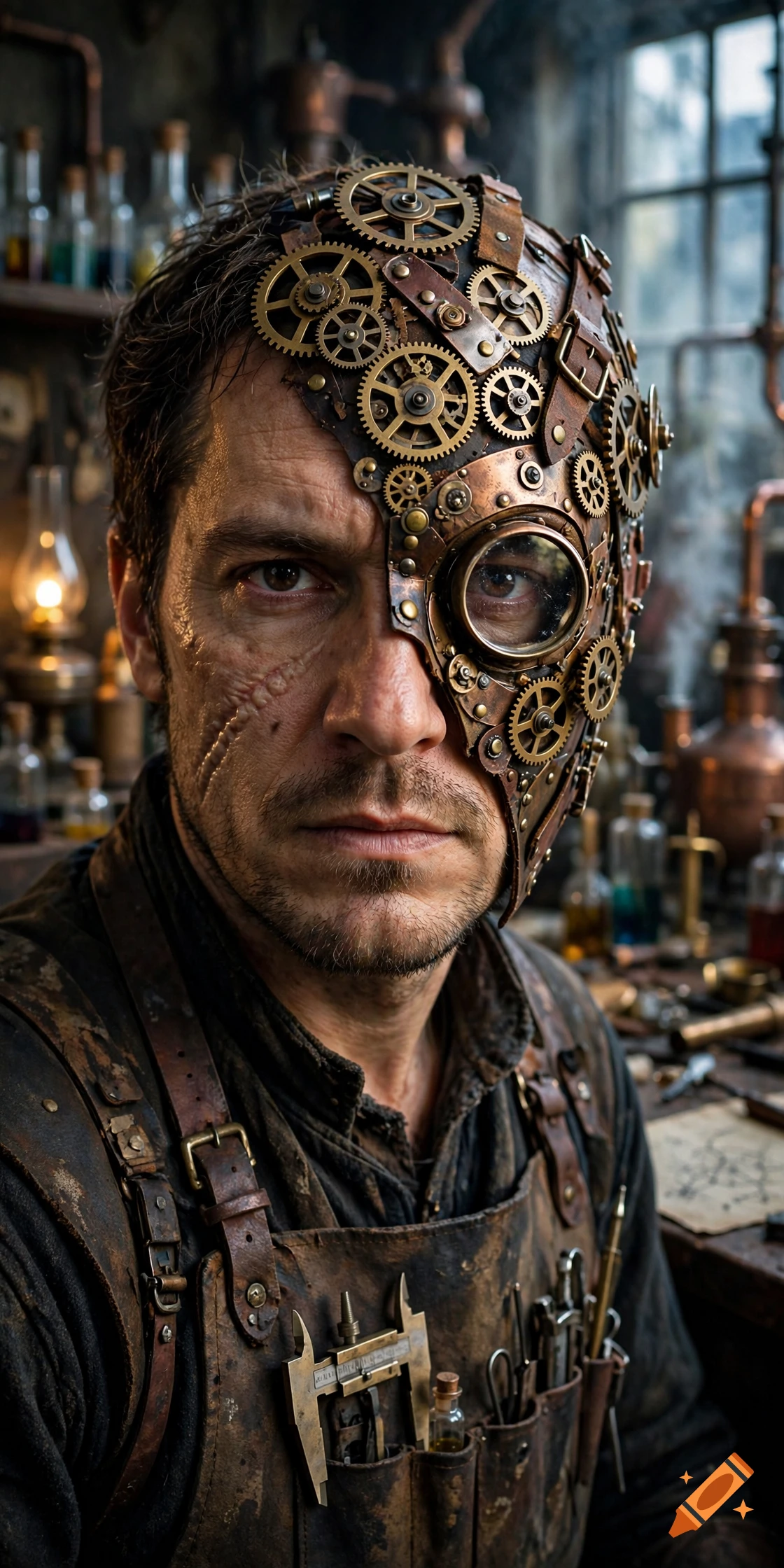 Close-up photorealistic portrait of a human alchemist wearing a steampunk mask made of cogs and gears, with a scar on his face, in a workshop.
