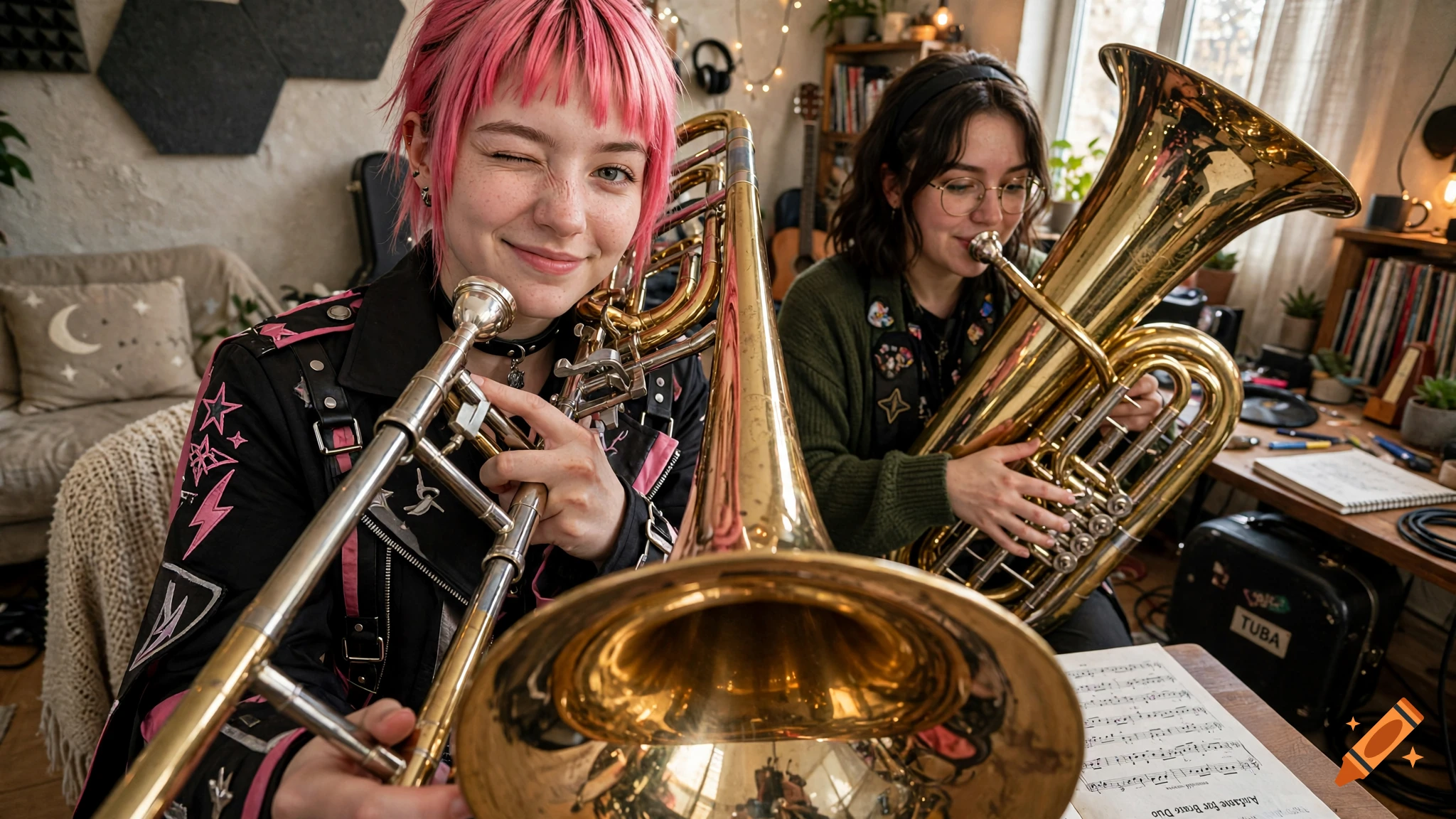 Photorealistic photo of two young women playing large brass instruments in a cozy room, one with pink hair winking at the camera.