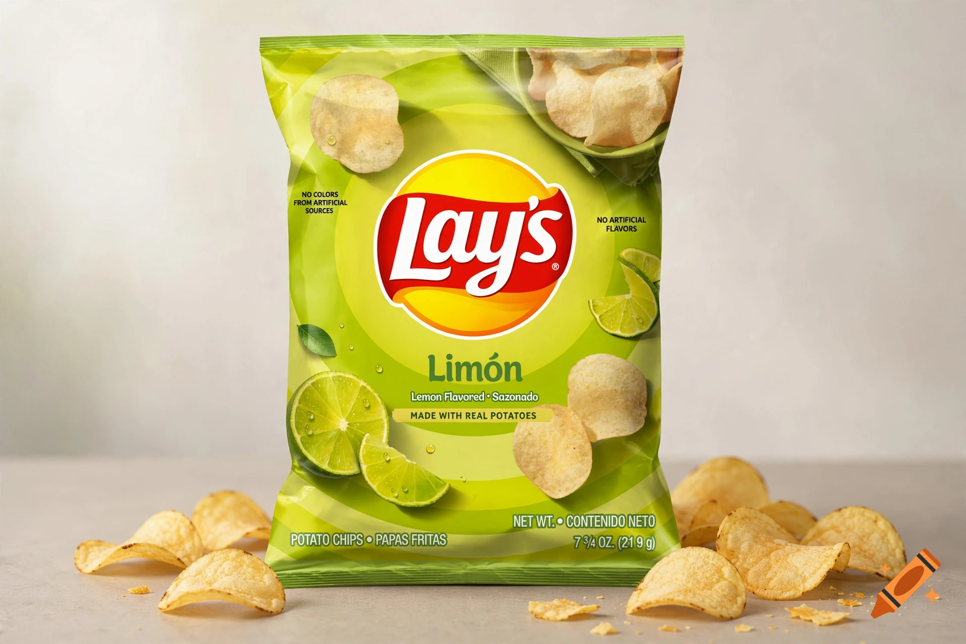 A bag of Lay's Limón potato chips with fresh limes and scattered chips on a neutral surface, photorealistic.