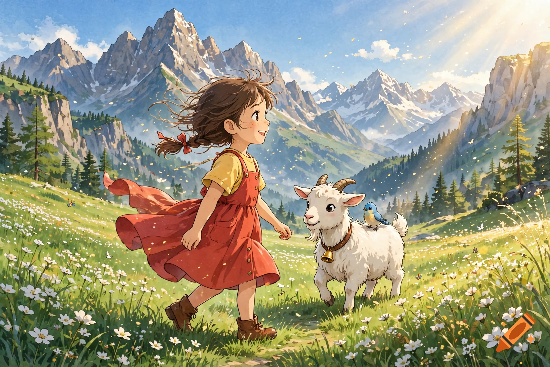 An anime-style digital illustration of a young girl walking through a vibrant alpine meadow with a goat and a blue bird.