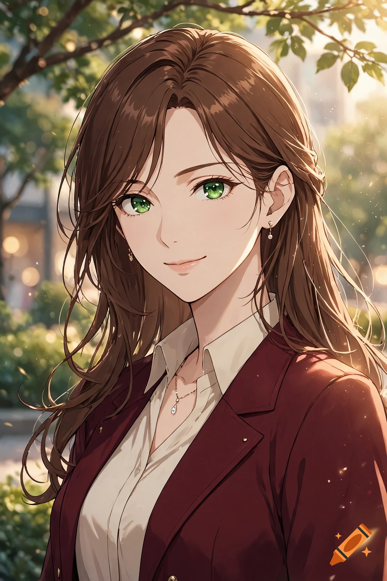 Portrait of a smiling woman with long brown hair and green eyes, wearing a dark red blazer, anime style.