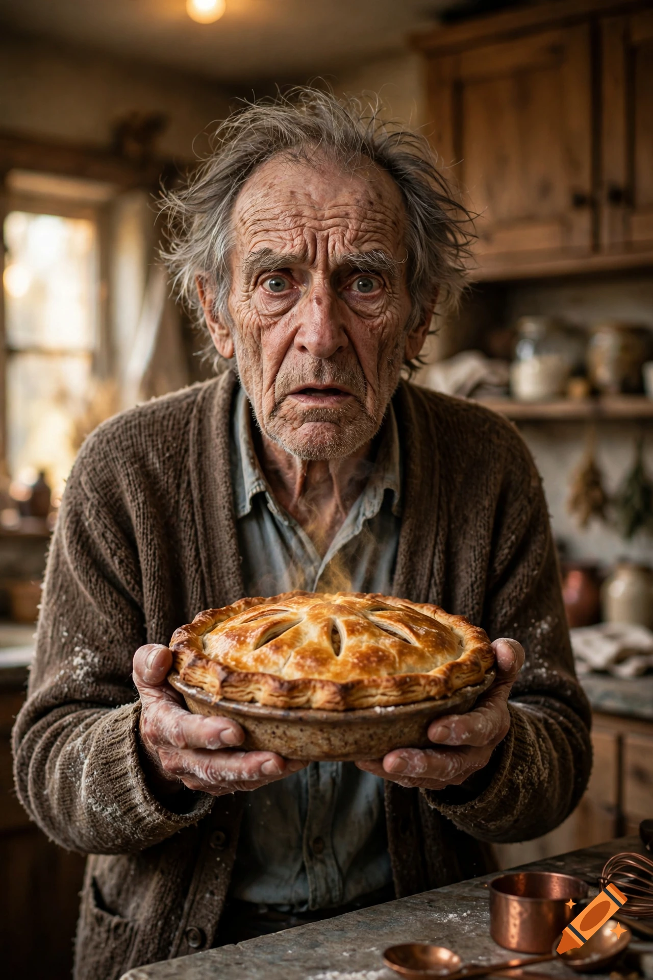 Photorealistic close-up of a weathered, elderly man with messy hair holding a freshly baked steaming pie in a rustic kitchen.