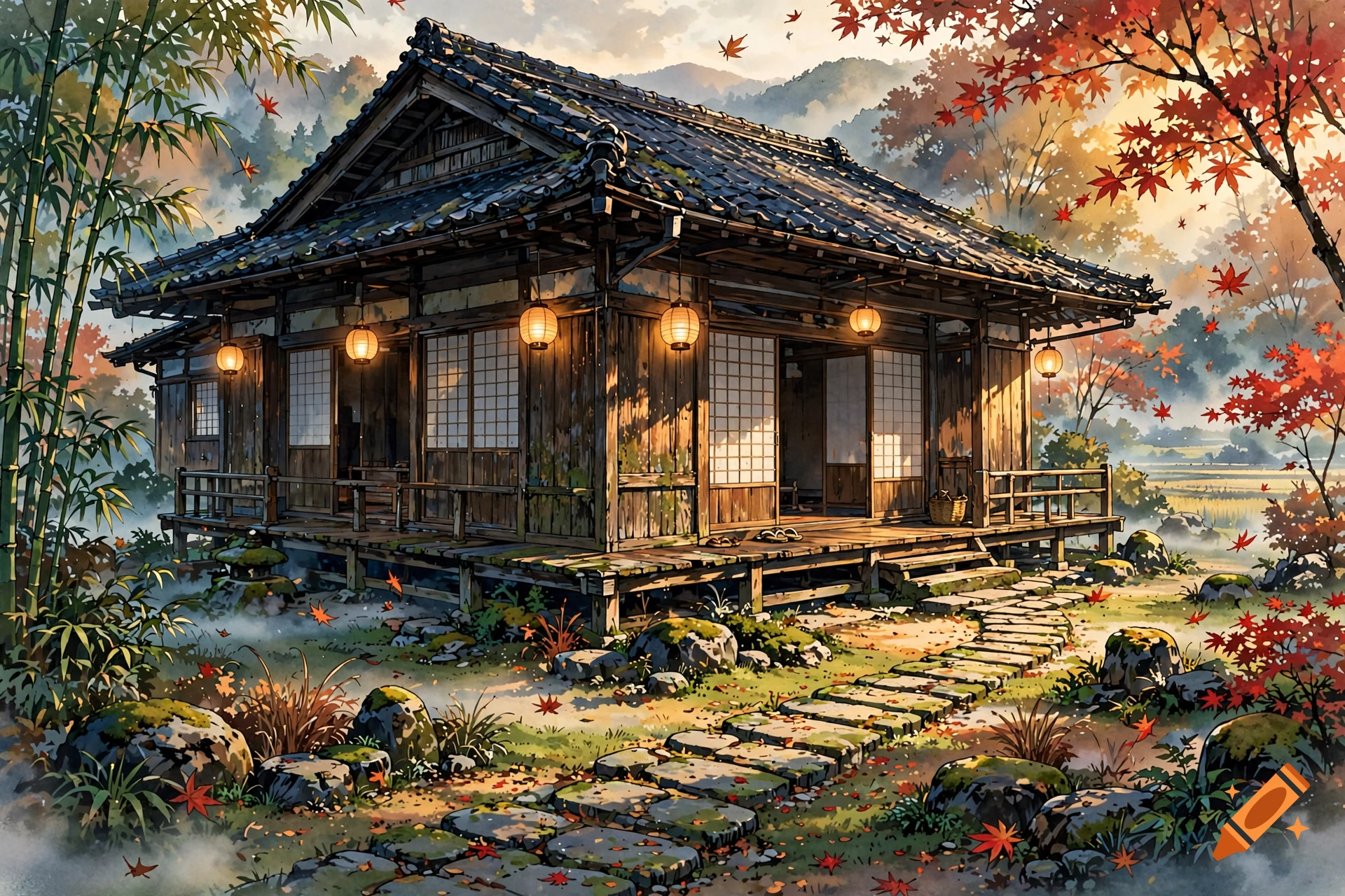 Anime style illustration of a traditional Japanese house surrounded by bamboo and autumn maples with stone path.